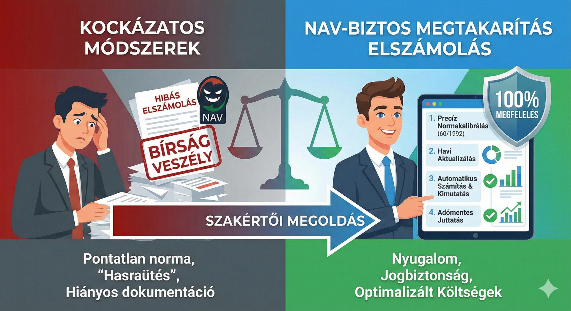 Ne kockáztasson milliós bírságot a pontatlan adminisztrációval! A képen látható a különbség a "hasraütés-szerű" becslés és a szakértői, 100%-ban NAV-konform elszámolás között. Mi levesszük a terhet a válláról: precíz normakalibrálás és audit-álló dokumentáció.