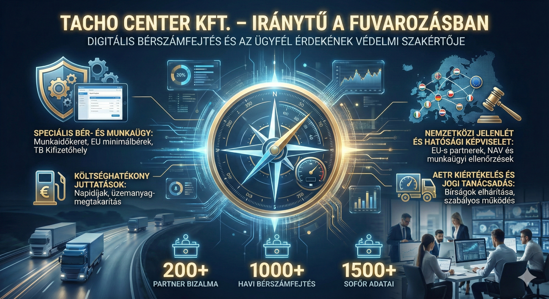 "A Tacho Center Kft. komplex szolgáltatási térképe: Iránytű a fuvarozói bérszámfejtés, TB ügyintézés és az AETR jogi útvesztőiben – digitális precizitással a vállalkozása biztonságáért."