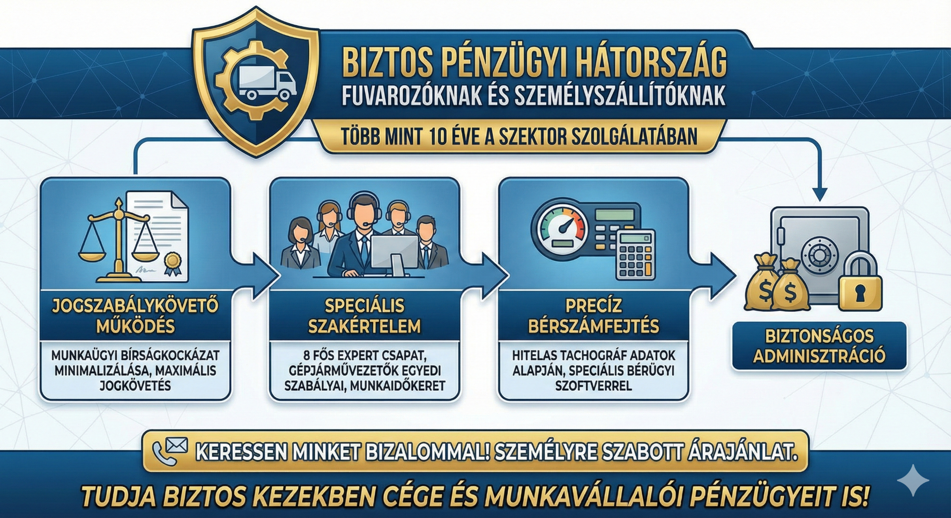"Több mint 10 év tapasztalat a fuvarozói és személyszállítói szektorban: 8 fős szakértői csapatunk tachográf adatokra épülő, bírságbiztos bérszámfejtést és teljes körű munkaügyi hátteret garantál."