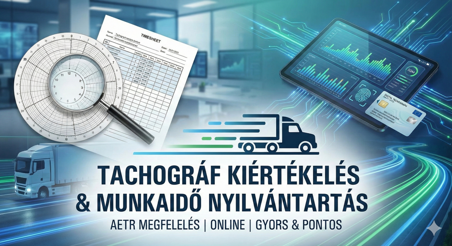 Az online szolgáltatásunkat szemlélteti: a hagyományos tachográf korongok és a modern digitális sofőrkártya adatok precíz elemzését, melyből az AETR szabályoknak megfelelő, hatóságilag elfogadott munkaidő nyilvántartás készül."