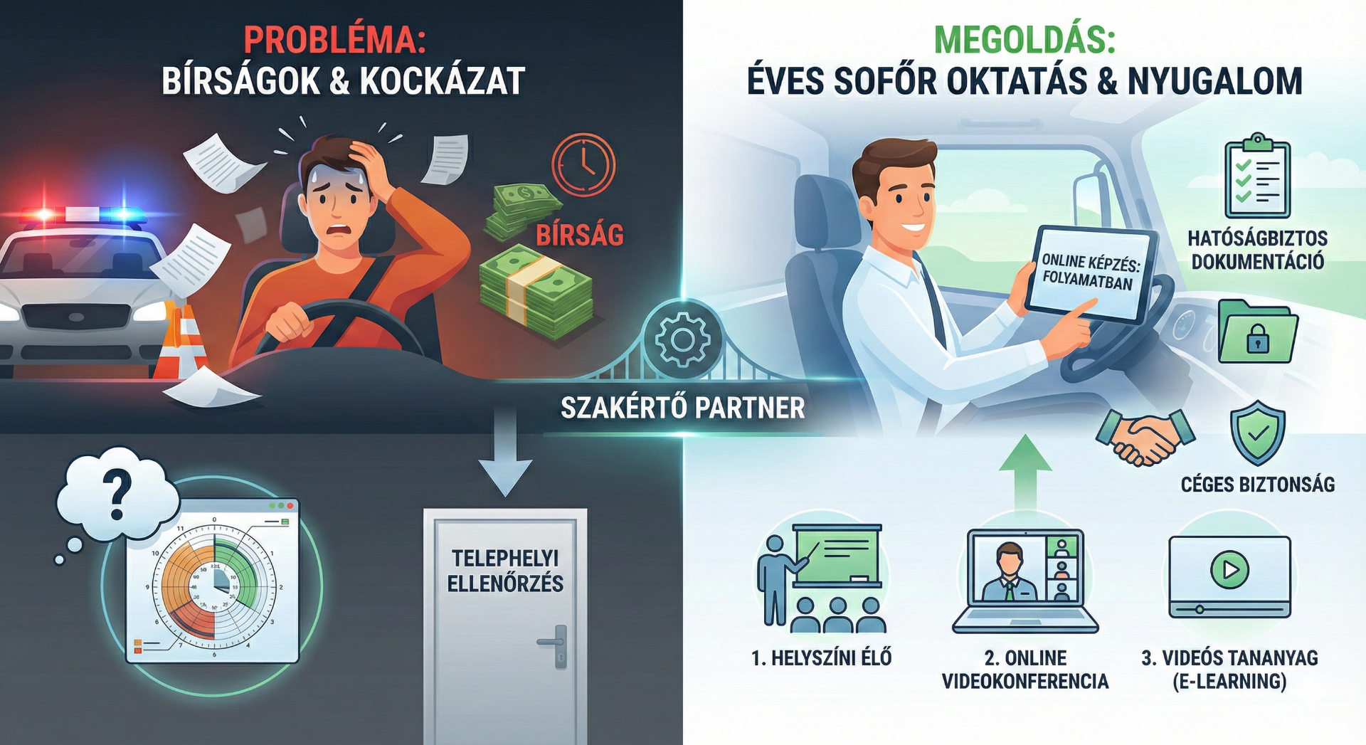 Ne kockáztassa a cég stabilitását bírságokkal! Az ábrán látható módon az éves sofőr oktatás nemcsak a tudást, hanem a hatóságbiztos dokumentációt és a nyugalmat is garantálja. Válassza az Önnek legkényelmesebb oktatási formát (élő, online vagy videós), és előzze meg a bajt.