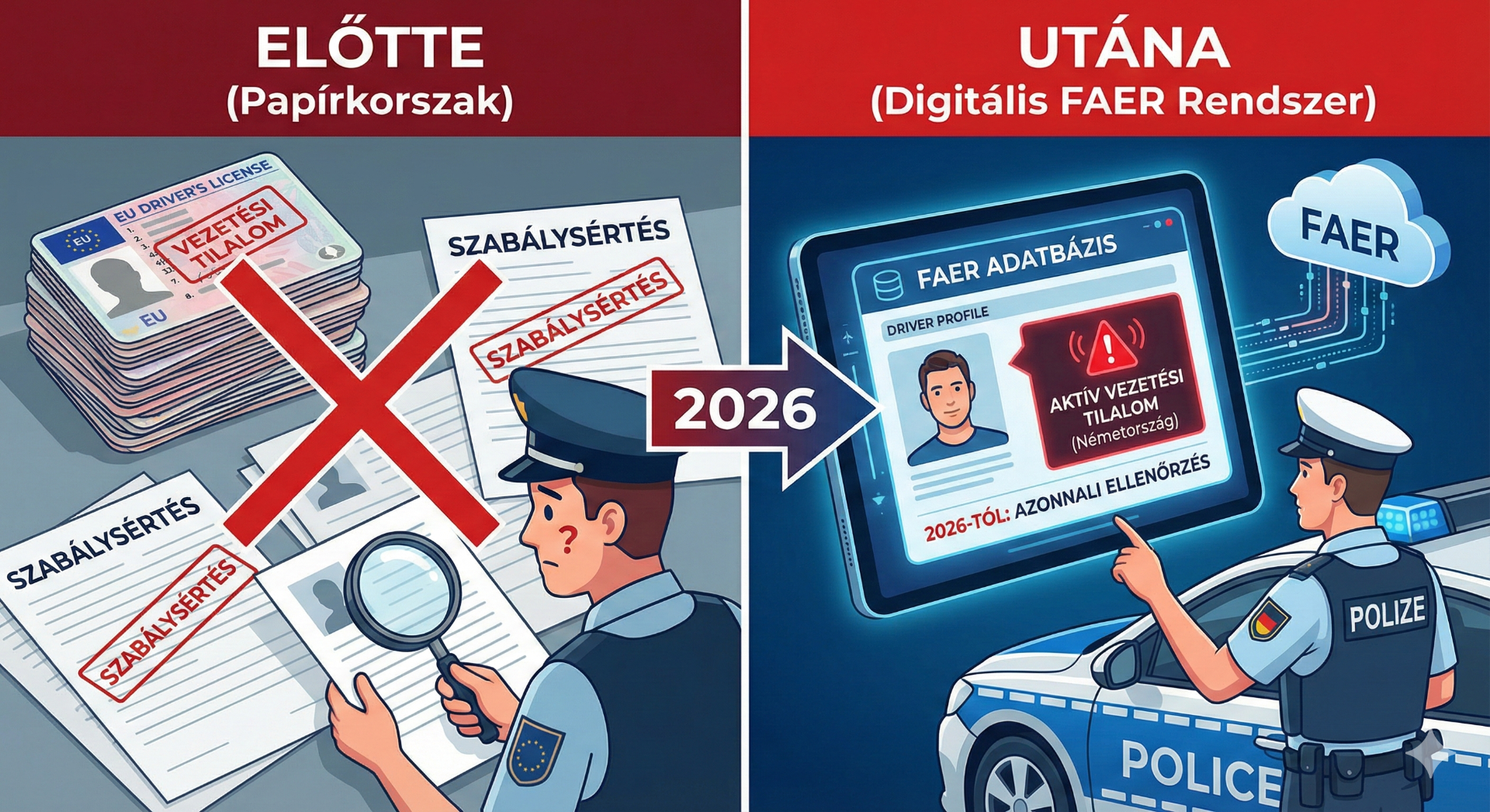 2026-tól megszűnnek a kiskapuk: a papíralapú bejegyzések helyett a német rendőrség a digitális FAER adatbázisból, azonnal ellenőrzi a külföldi sofőrök vezetési jogosultságát.