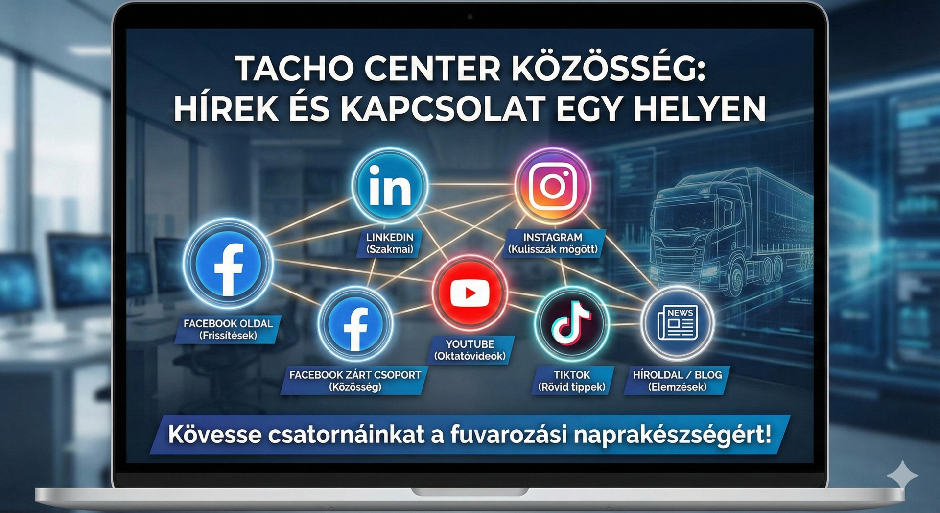 A Tacho Center digitális közössége: Kövesse Facebook, LinkedIn, YouTube, TikTok és szakértői blog csatornáinkat, hogy első kézből értesüljön a tachográf jogszabályok változásairól és a legfrissebb fuvarozói hírekről.
