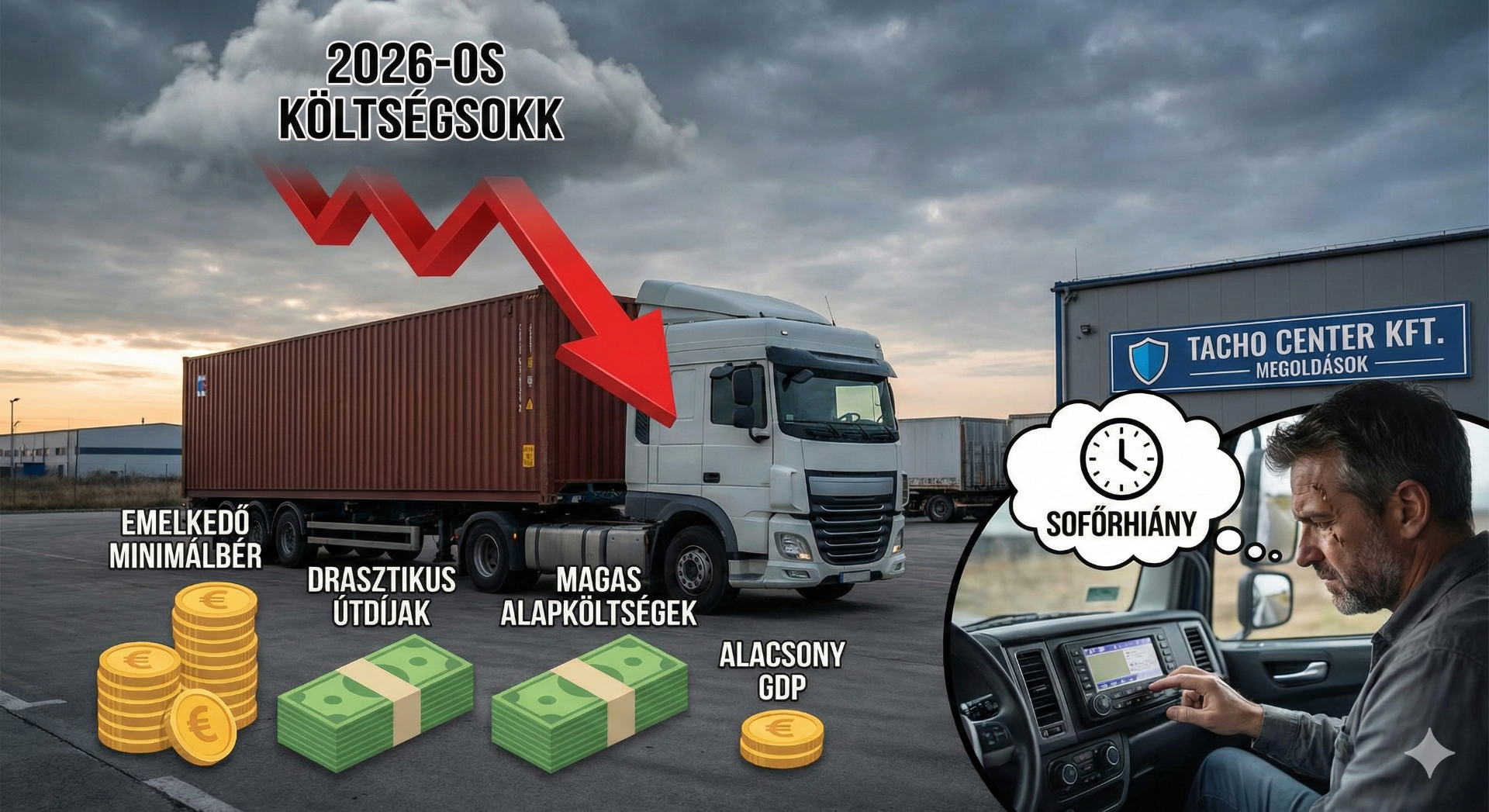 2026-os "Költségsokk" a logisztikában: A 2026. január 1-től életbe lépő minimálbér és garantált bérminimum emelése, párosulva a drasztikus európai és magyar útdíjakkal, komoly terhet ró a fuvarozókra. A Tacho Center Kft. megoldásai segítenek a bírságok elkerülésében és a működési költségek optimalizálásában ebben a nehéz gazdasági helyzetben.
