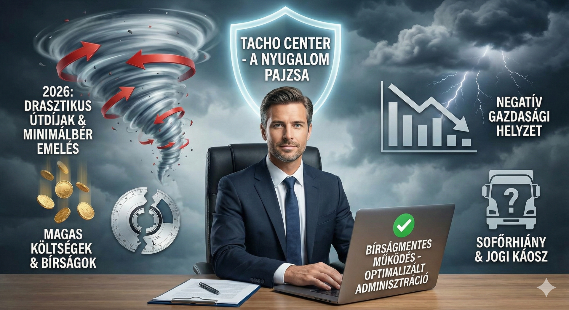 Viharálló fuvarozás 2026-ban: Miközben a drasztikus útdíjak, a növekvő bérköltségek és a sofőrhiány "tökéletes vihart" kavar a logisztikai szektorban, a Tacho Center partnerei nyugodtan tervezhetnek. Szolgáltatásaink jelentik a biztonságot nyújtó pajzsot a hatósági bírságok és az adminisztrációs káosz ellen.