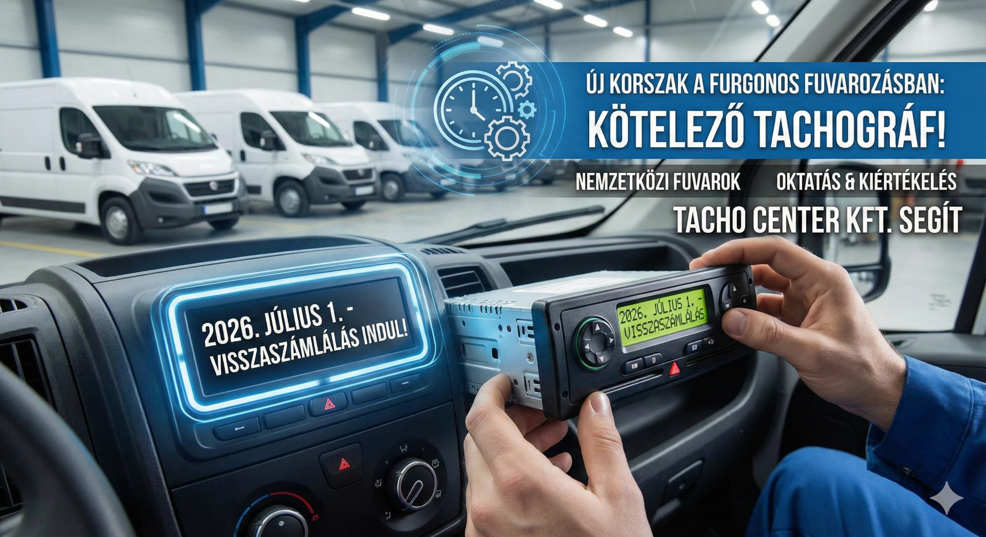 A visszaszámlálás elkezdődött: 2026. július 1-től a nemzetközi forgalomban részt vevő furgonokba is kötelező a digitális tachográf beszerelése. Ne hagyja az utolsó pillanatra a felkészülést! A Tacho Center Kft. komplex segítséget nyújt az eszközbeszerzéstől a sofőroktatáson át a kötelező adatkiértékelésig, hogy elkerülje a bírságokat.