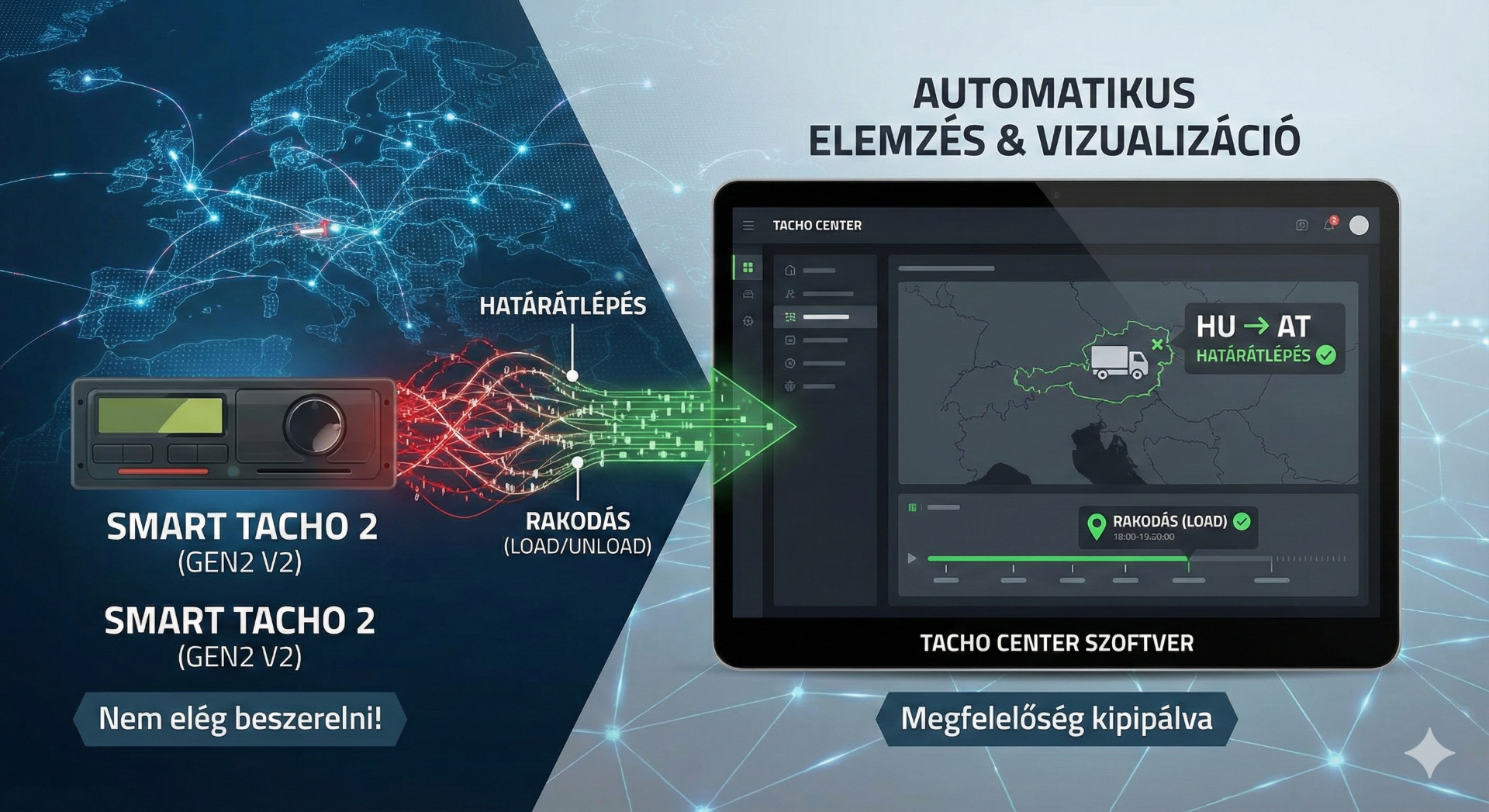 Infografika a Smart Tacho 2 (Gen2 V2) adatfeldolgozásáról: A kép szemlélteti, miért nem elég csak beszerelni az új eszközt. A bal oldali menetíróból érkező nyers adatfolyamot – különös tekintettel az automatikus határátlépés és a manuális rakodás (load/unload) információkra – a Tacho Center szoftver fogadja. A jobb oldalon látható felületen ezek az adatok automatikusan elemzésre kerülnek, így biztosítva a jogszabályi megfelelőséget és a büntetések elkerülését.