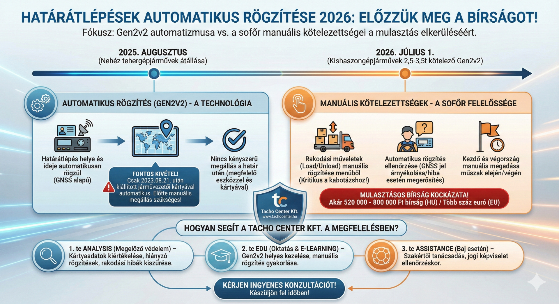 A Gen2v2 tachográfok automatikus határátlépés-rögzítése és a sofőrök manuális kötelezettségei 2026-ban. Így segít a Tacho Center Kft. szolgáltatásaival (tc ANALYSIS, tc EDU) elkerülni a mulasztásos bírságokat a nemzetközi fuvarozásban.