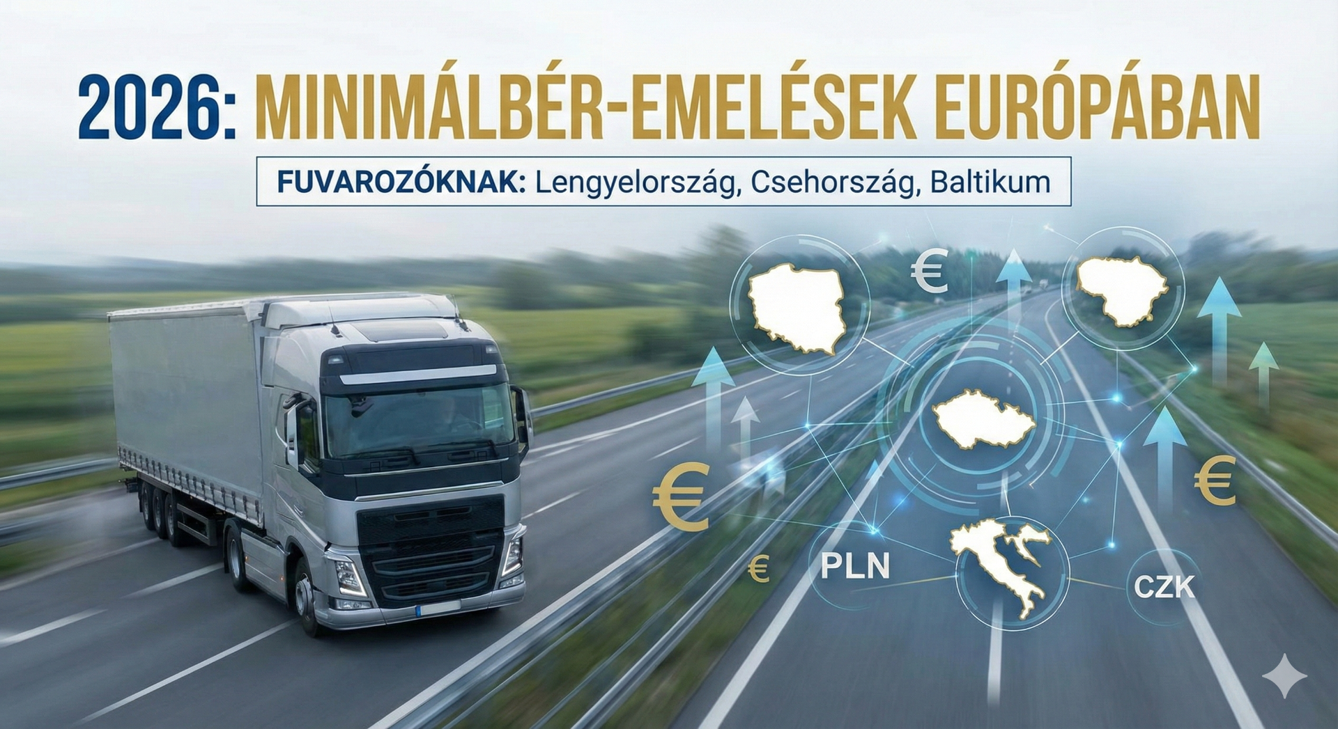 Európai minimálbér körkép 2026: A nemzetközi fuvarozást érintő legfontosabb béremelések Lengyelországtól a Baltikumig. A változások közvetlen hatással vannak az IMI rendszerben rögzítendő kiküldetések költségeire.