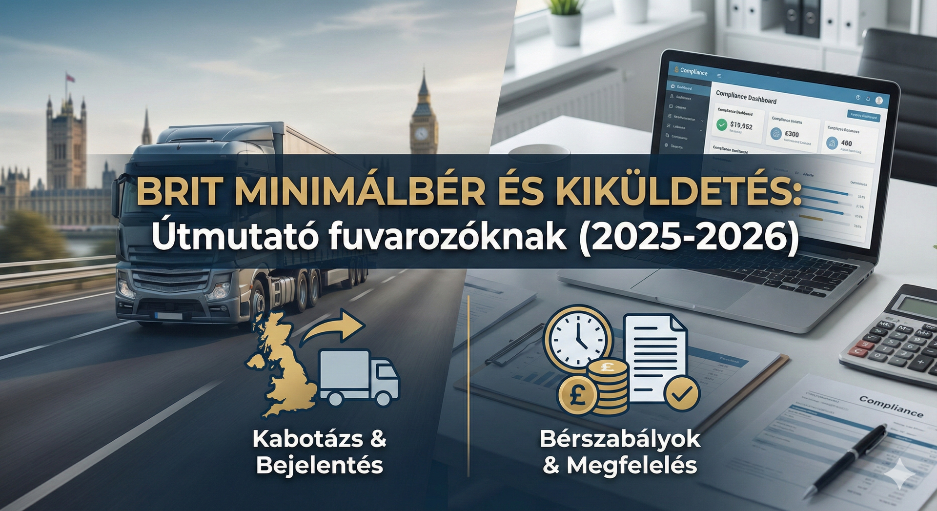 Szakértői útmutató a brit minimálbér és a kiküldetési (posting) szabályok betartásához nemzetközi fuvarozók számára. Az infografika a 2025-2026-os változásokra fókuszál, illusztrálva a kabotázs bejelentést és a bérszabályoknak való adminisztratív megfelelést az Egyesült Királyságban.