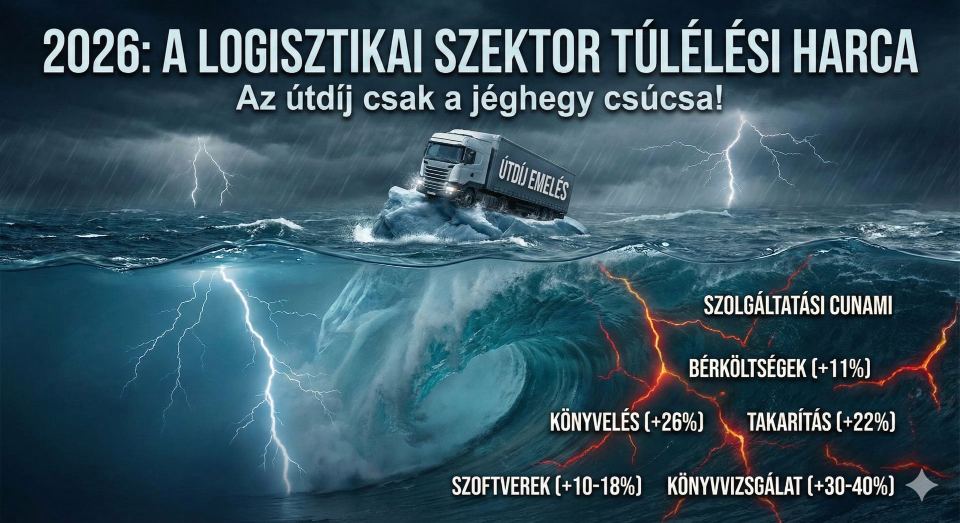 A logisztikai szektor előtt álló költségrobbanás 2026-ban. Az útdíjemelés csak a jéghegy csúcsa: a fuvarozóknak a drasztikusan emelkedő szolgáltatási díjakkal (könyvelés +26%, könyvvizsgálat +40%, bérköltségek +11%) is meg kell küzdeniük a túlélésért.
