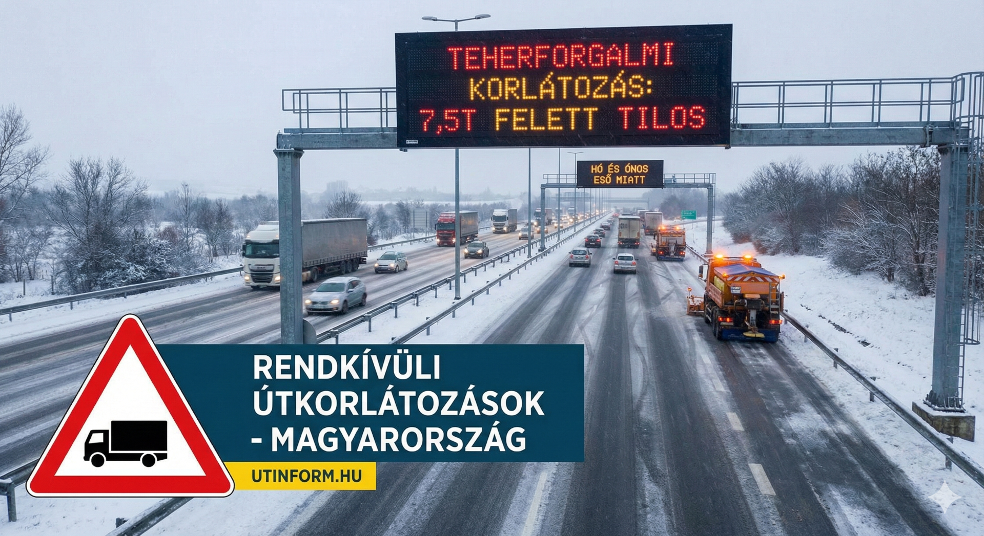 Rendkívüli forgalmi rend: Az autópályák feletti digitális tájékoztató táblák és az Útinform jelzései figyelmeztetik a sofőröket a 7,5 tonnás súlykorlátozásra. A havazás és az ónos eső miatt bevezetett intézkedés célja a balesetek megelőzése és a biztonságos közlekedés fenntartása a legfontosabb hazai gyorsforgalmi útvonalakon (M6, M7, M70, M76, M80).