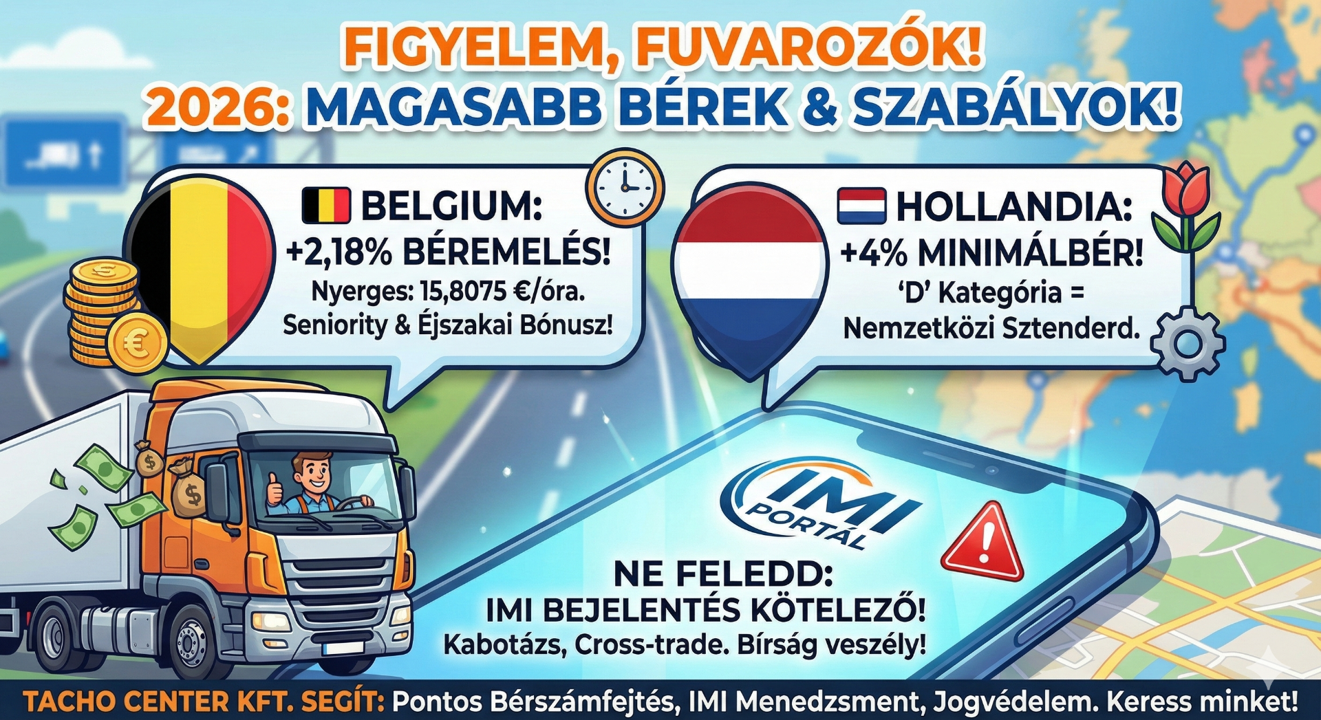Összefoglaló infografika a 2026. január 1-jén életbe lépett nemzetközi bérváltozásokról. A kép szemlélteti a Belgiumban bevezetett 2,18%-os és a Hollandiában érvényes 4%-os minimálbér-emelést. Kiemelt figyelmet kap az IMI-portálon történő kötelező bejelentés a kabotázs és cross-trade fuvarok esetén, elkerülve a súlyos bírságokat. A grafika rögzíti a belga seniority (tapasztalati) pótlékokat és az éjszakai bónusz feltételeit is. A jogszabályi megfelelésben és a pontos bérszámfejtésben a Tacho Center Kft. nyújt teljes körű szakmai támogatást a magyar fuvarvállalkozóknak.