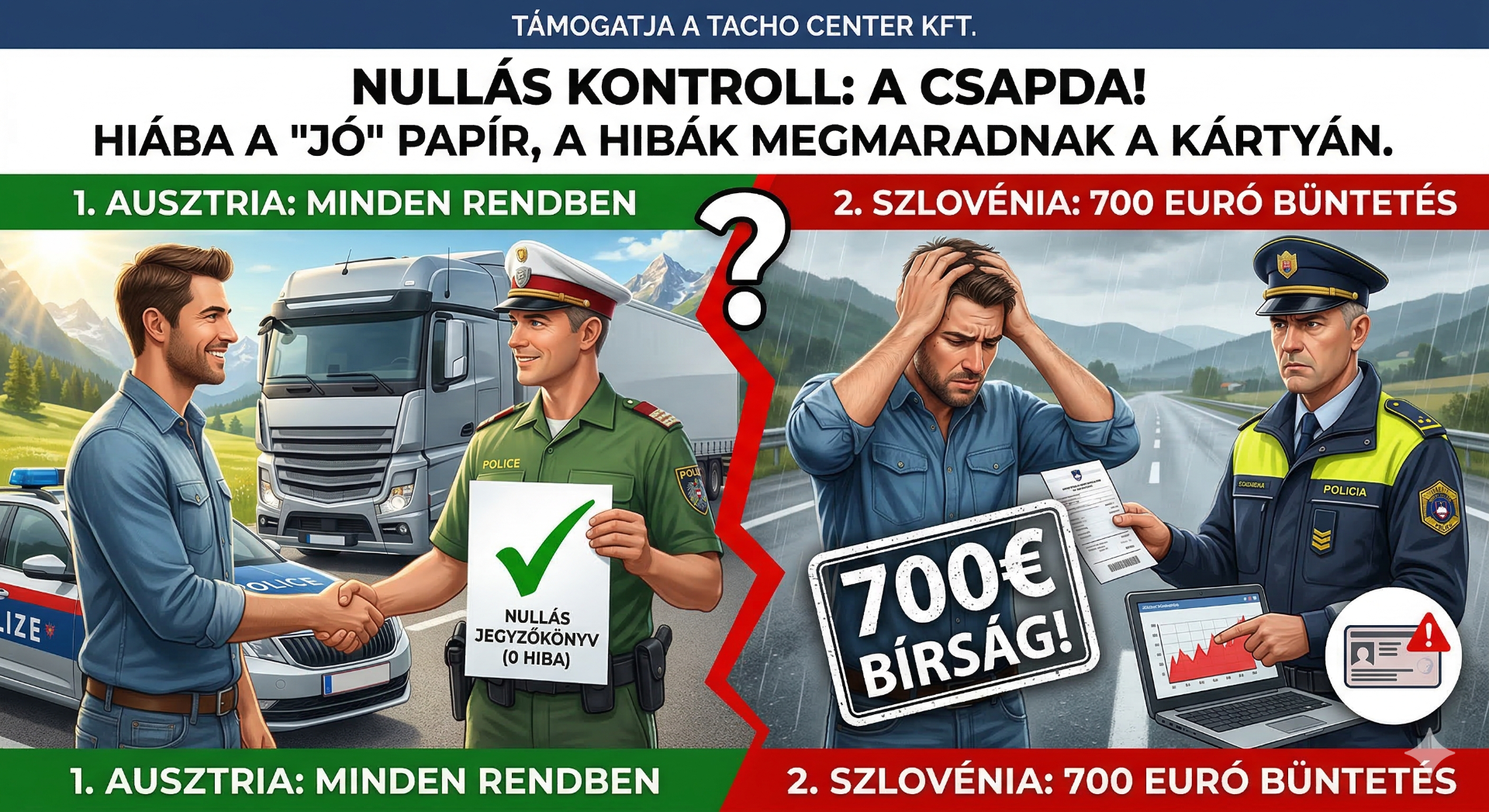 A Tacho Center Kft. infografikája a fuvarozók egyik leggyakoribb tévhitét és kockázatát, a nullás tacho kontroll csapdáját mutatja be. A kép rávilágít arra, hogyan kaphat egy sofőr 700 eurós büntetést Szlovéniában egy olyan hiba miatt, amelyet korábban egy osztrák ellenőrzés során "nullás" (tiszta) jegyzőkönyvvel átengedtek. A vizuális magyarázat egyértelművé teszi, hogy a tiszta ellenőrzési papír nem törli a kártyán lévő adatokat és a korábbi szabálytalanságokat.