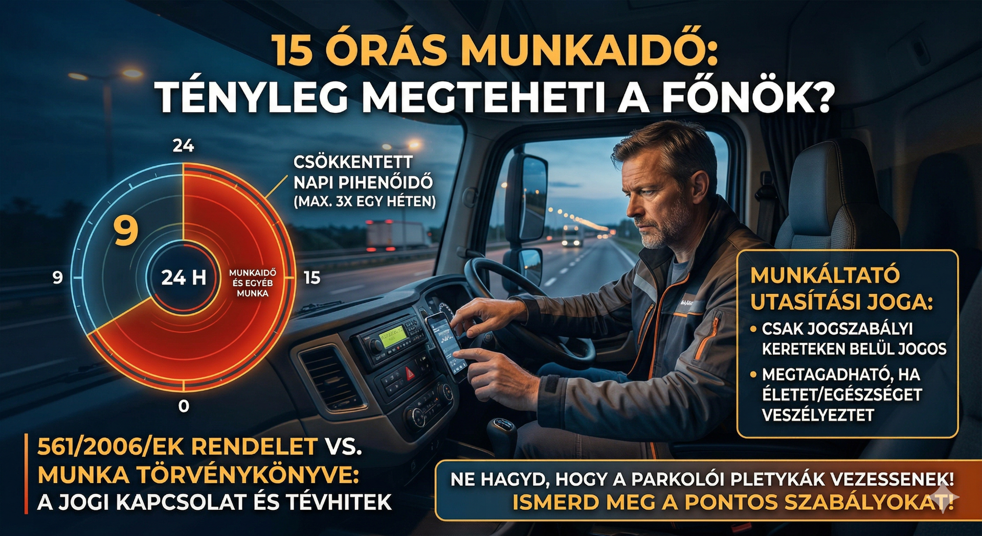 A 15 órás munkaidő és a 9 órás csökkentett napi pihenőidő jogi összefüggése: Ez az infografika szemlélteti a 24 órás ciklus felosztását, segítve a gépjárművezetőket az 561/2006/EK rendelet és a Munka Törvénykönyve közötti különbségtételben, különös tekintettel a munkáltató utasítási jogára és a biztonságos munkavégzés feltételeire.