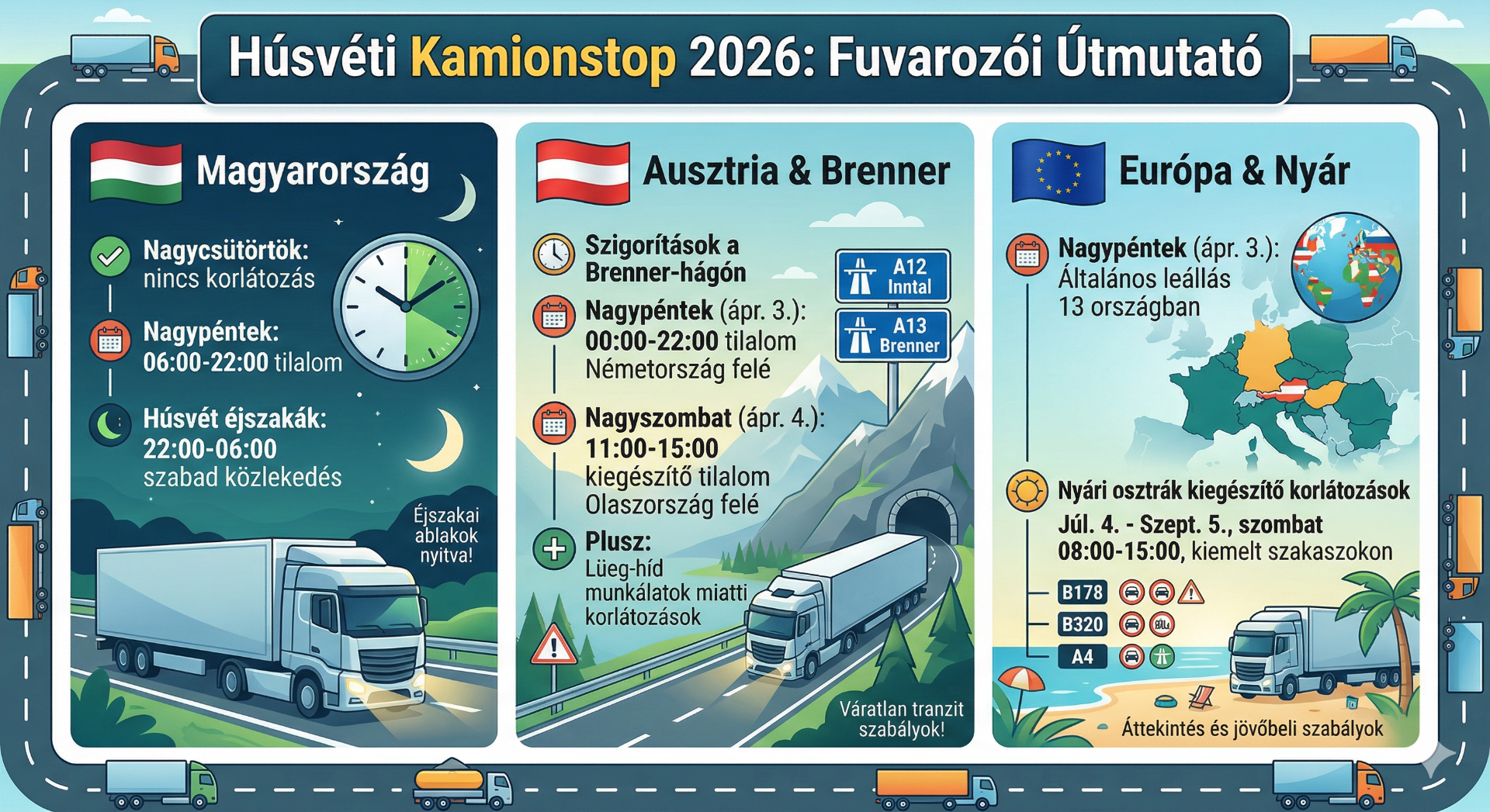 Összefoglaló tájékoztató a 2026-os húsvéti kamionstop rendjéről Magyarországon, Ausztriában és Európában. Az infografika szemlélteti a fuvarozók számára kritikus 2026-os menetrendet: a magyarországi éjszakai szabad időablakokat, a Brenner-hágó (A12, A13) váratlan kiegészítő korlátozásait, valamint a júliusban kezdődő osztrák nyári teherforgalmi tilalmakat az érintett útszakaszokon (B178, B320, A4). Segítség a hatékony útvonaltervezéshez és a várakozási idők elkerüléséhez a húsvéti ünnepi időszakban.