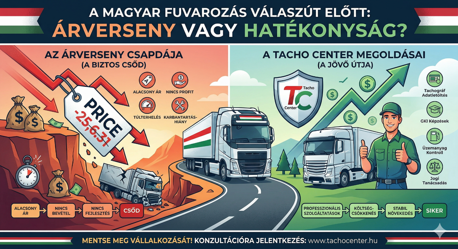 Mit tehet egy magyar fuvarozó vállalkozás a sikerért? Infografikánk szemlélteti a választást az árverseny csapdája és a hatékony működés között. Ismerje meg a Tacho Center professzionális megoldásait, mint a tachográf adatletöltés, GKI képzések, üzemanyag kontroll és jogi tanácsadás, amelyekkel stabil növekedést és hosszú távú profitot érhet el a hazai piacon. Mentse meg vállalkozását konzultációval a www.tachocenter.hu oldalon!