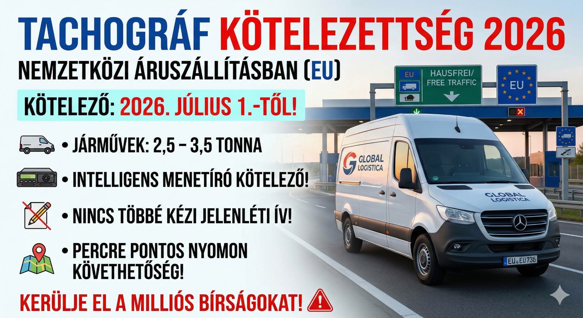 Tachográf kötelezettség 2026: Július 1-jétől az Európai Unióban a 2,5 tonna feletti kisteherautóknak is kötelező az intelligens menetíró használata a nemzetközi forgalomban. A digitális adatgyűjtés véget vet a kézzel írt jelenléti ívek korszakának, és percre pontos elszámolást követel meg a bérszámfejtés során a milliós bírságok elkerülése érdekében.Szeretné, ha részletesebben is átnéznénk, hogy az Ön flottájára pontosan melyik mentességi kör vonatkozhat a fenti szabályozás alapján?