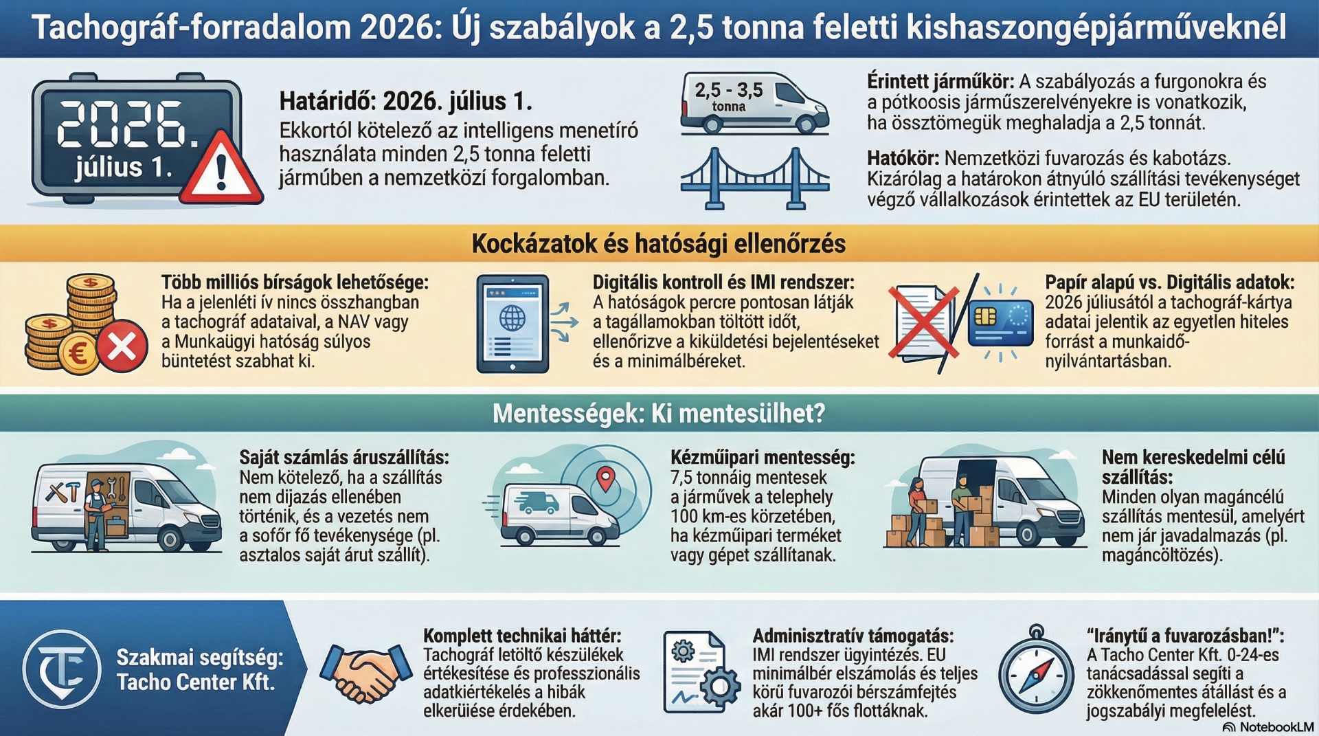 Infografika: A 2026. július 1-jén életbe lépő tahográf-szabályozás összefoglalója.  Ez az összefoglaló vizuálisan szemlélteti a 2,5 tonna feletti kishaszonjárművekre vonatkozó legfontosabb változásokat a nemzetközi fuvarozásban. 2026 nyarától az intelligens menetíró készülék (tahográf) használata kötelezővé válik minden olyan furgonnál és járműszerelvénynél, amely átlépi az országhatárt.  A legfontosabb tudnivalók:  Határidő: 2026. július 1.  Kockázat: Akár több millió forintos bírság a NAV vagy a Munkaügyi Hatóság részéről, ha a papír alapú nyilvántartás nem egyezik a digitális adatokkal.  Mentességek: Saját számlás szállítás, 100 km-es körzeten belüli kézműipari tevékenység és nem kereskedelmi célú szállítás esetén bizonyos feltételek mellett elkerülhető a kötelezettség.  Szakmai háttér: A Tacho Center Kft. 0-24-es tanácsadással, IMI rendszer ügyintézéssel és professzionális adatkiértékeléssel segíti a magyar fuvarozók zökkenőmentes átállását.  Ne kockáztassa vállalkozása stabilitását! Készüljön fel időben a digitális kontrollra szakértő partnerrel.