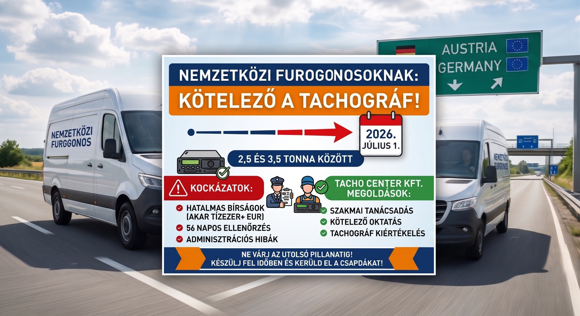 A 2026. július 1-jétől életbe lépő új szabályozás szerint a nemzetközi árufuvarozásban részt vevő, 2,5 és 3,5 tonna közötti furgonok számára is kötelezővé válik az intelligens tachográf használata. Ne kockáztasson ötszámjegyű eurós bírságot: a Tacho Center Kft. teljes körű szakmai támogatást nyújt az átálláshoz, a sofőrokttatástól a tachográf kiértékelésig.