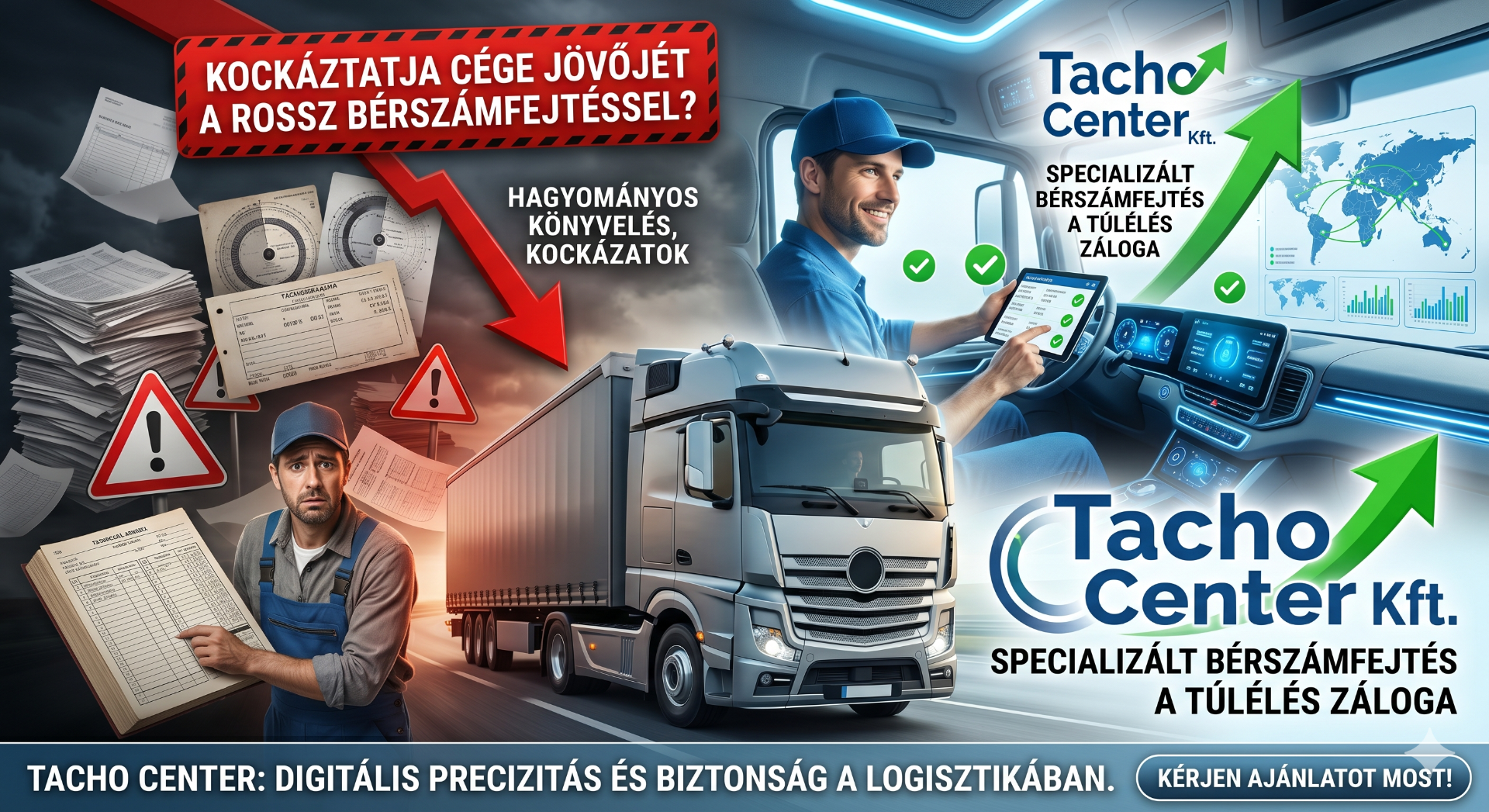 A különbség a biztonság és a kockázat között: Míg a hagyományos könyvelés gyakran figyelmen kívül hagyja a fuvarozó-specifikus munkaügyi szabályokat, a Tacho Center Kft. specializált bérszámfejtése digitális precizitással és tachográf-alapú elszámolással védi meg a logisztikai vállalkozásokat a milliós bírságoktól.