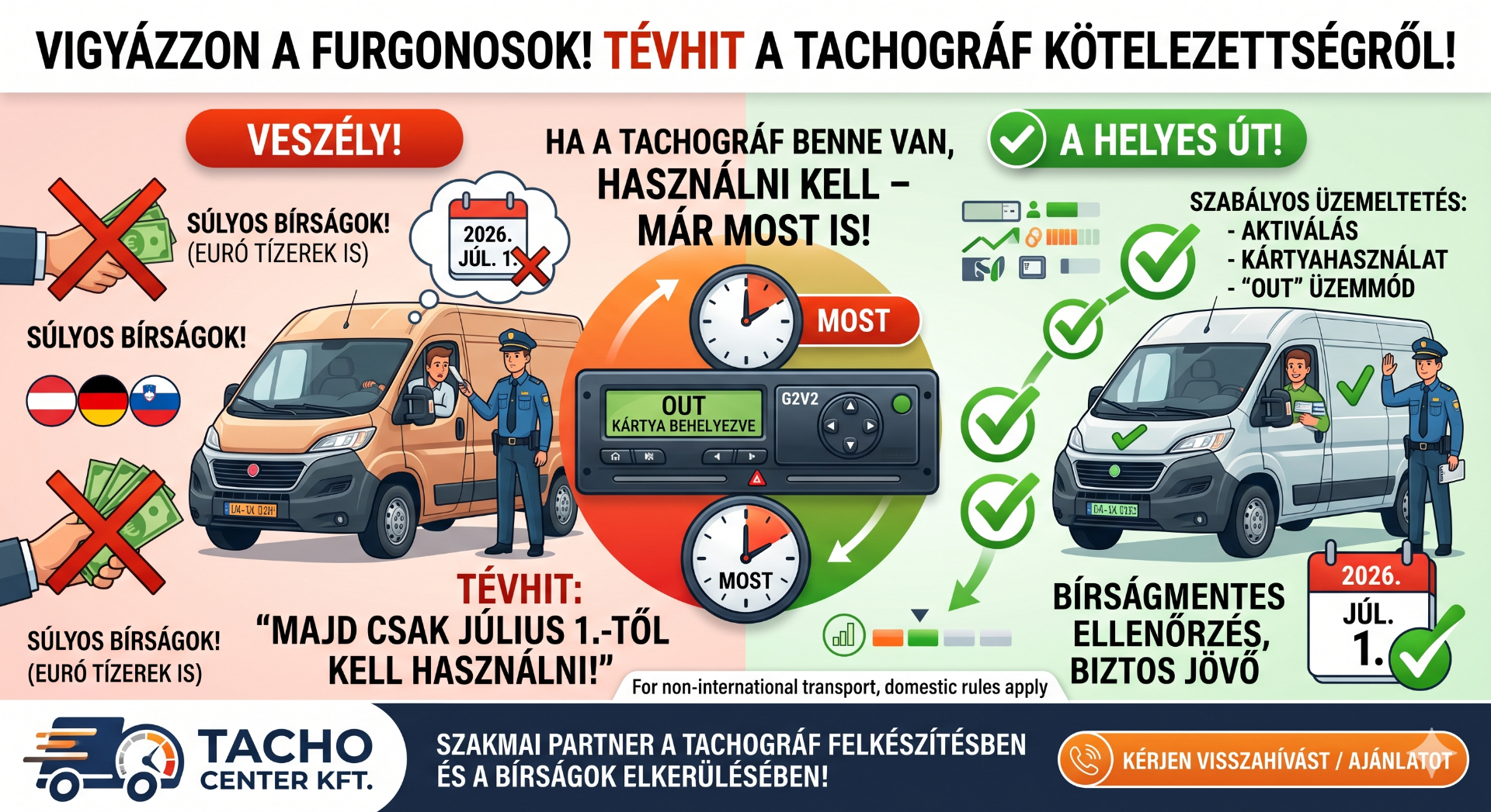 Infografika a 2,5 és 3,5 tonna közötti kishaszonjárművek nemzetközi tachográf-kötelezettségéről, bemutatva a 2026. július 1-jei határidővel kapcsolatos tévhiteket, a külföldi bírságok veszélyét, valamint a szabályos használat lépéseit (illesztés, sofőrkártya, OUT üzemmód) a Tacho Center Kft. szakmai útmutatása alapján.