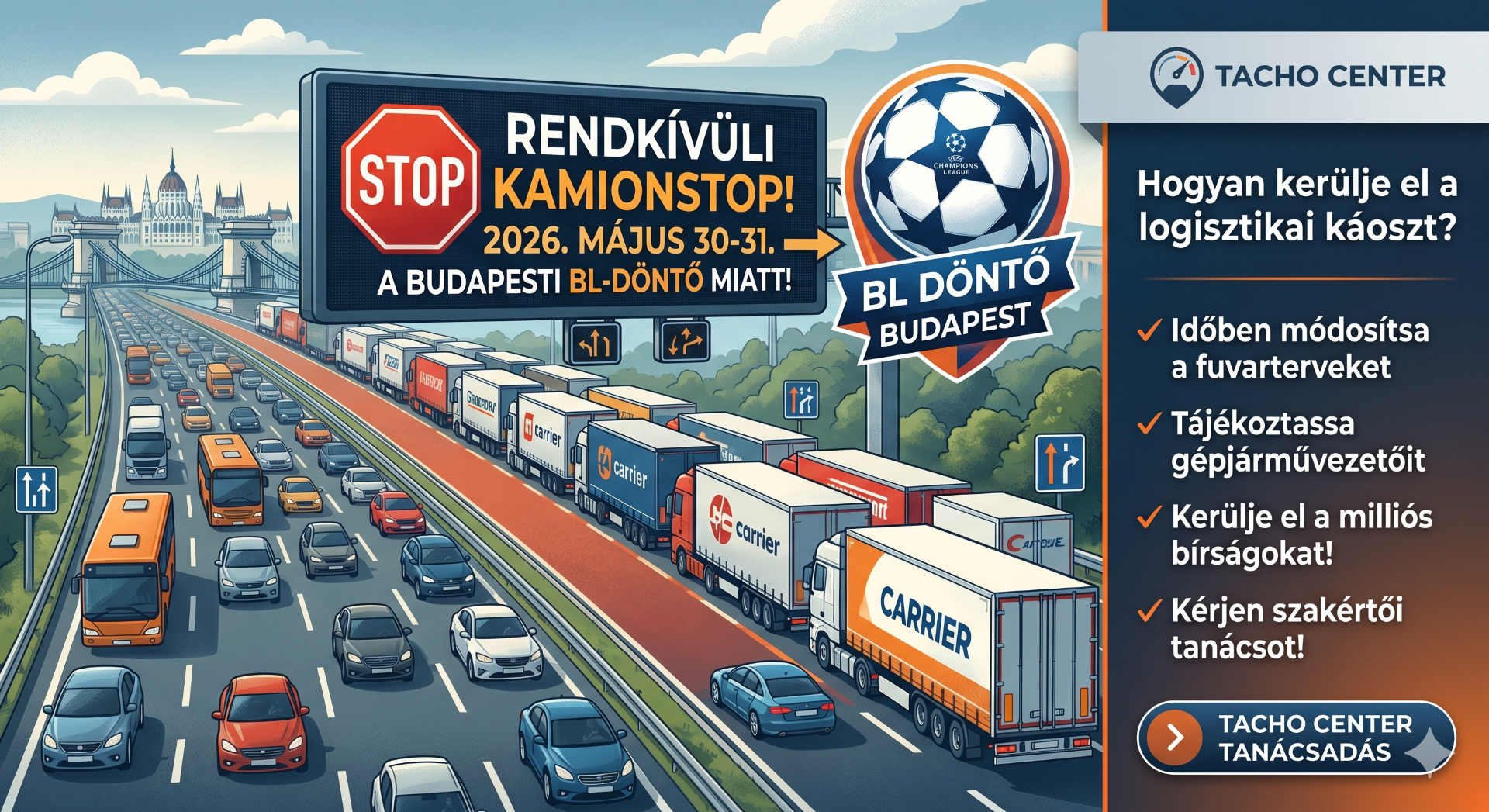 Infografika a 2026. május 30-31-i rendkívüli magyarországi kamionstopról a budapesti BL-döntő miatt, háttérben torlódó teherautókkal és a Tacho Center Kft. logisztikai tanácsadásával.
