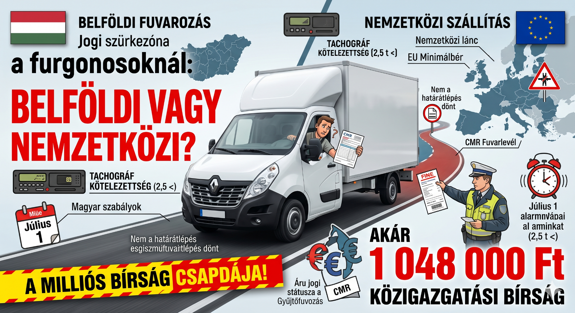 Infografika a furgonos áruszállítás jogi szabályozásáról, kiemelve a belföldi és nemzetközi fuvarok közötti különbséget és az 1 048 000 forintos közigazgatási bírság kockázatát.