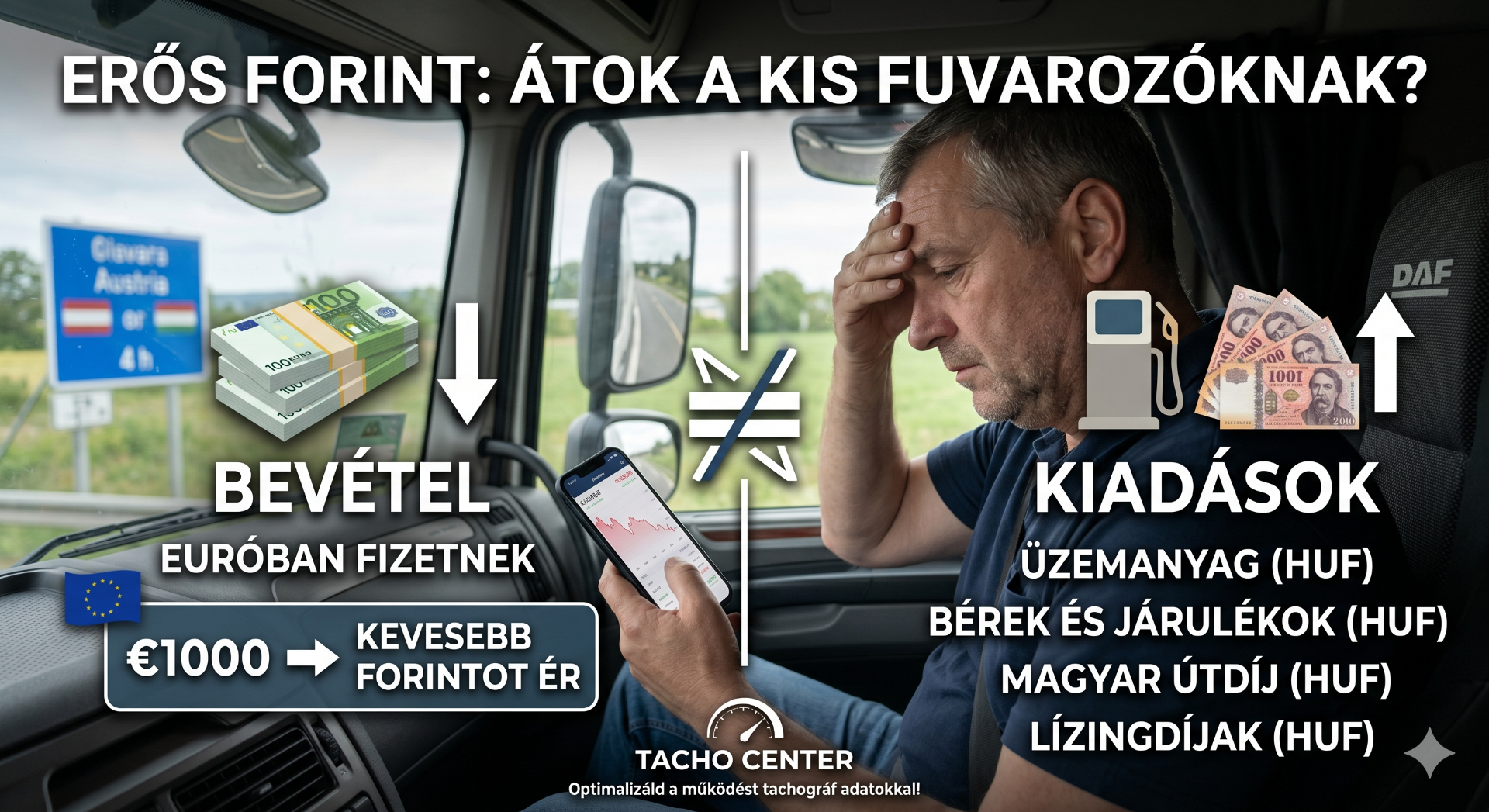 Férfi autóban ül, fejét fogja, pénz és grafikonok, feliratokkal a forint árfolyamról.