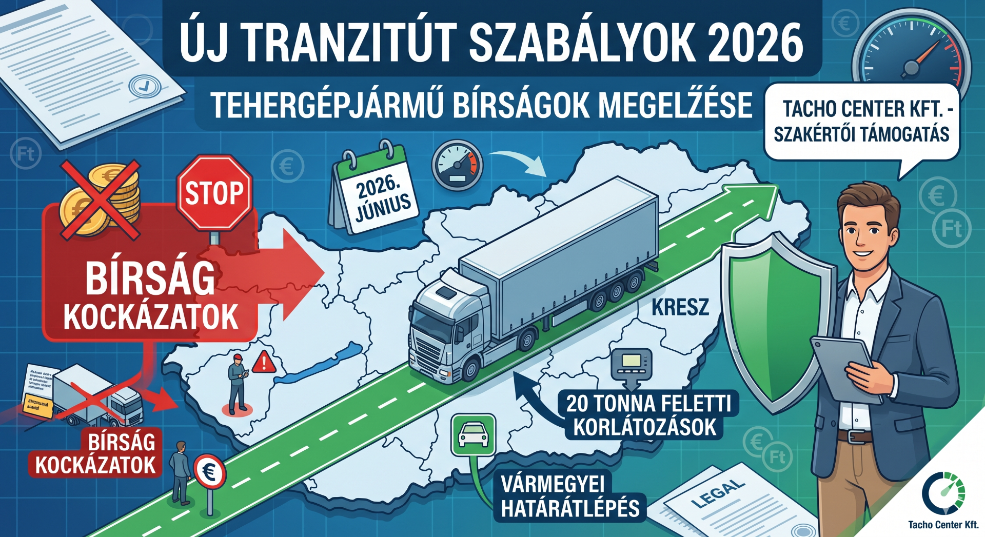 Szakértői infografika tehergépjárművezetőknek az új 2026-os tranzitút-szabályokról és a bírságkockázatok elkerüléséről. A képen a Tacho Center Kft. szakértője, Kis-Petik Ferenc hárít el zöld pajzzsal egy piros stop táblát és bírságjelet, miközben egy teherautó jogszerű tranzitútvonalon közlekedik Magyarország térképén. Szövegek magyarul: 'ÚJ TRANZITÚT SZABÁLYOK 2026', 'TEHERGÉPJÁRMŰ BÍRSÁGOK MEGELŐZÉSE', 'TACHO CENTER KFT. - SZAKÉRTŐI TÁMOGATÁS'.