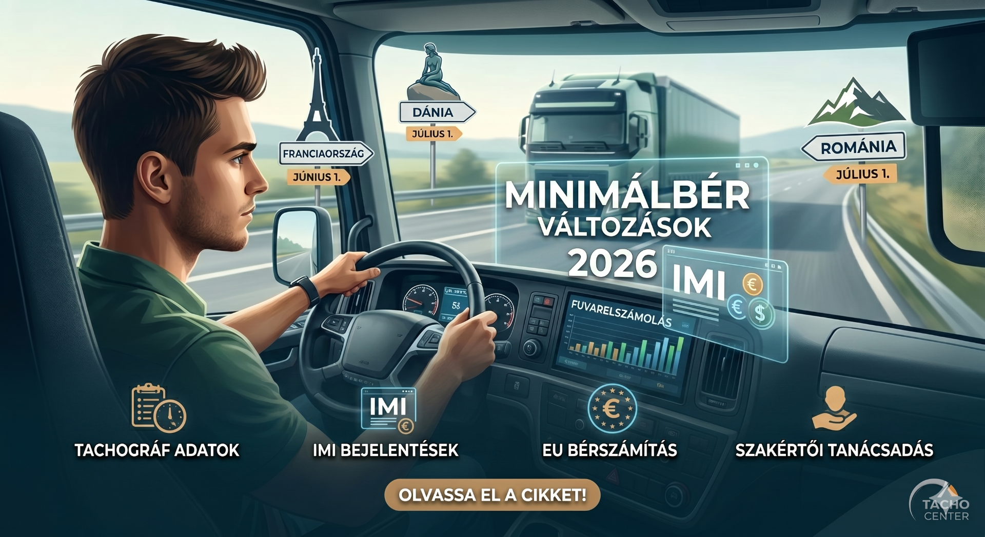 Férfi kamionban ül, kormányt fog, út mentén digitális feliratokkal: minimálbér-változások 2026, országjelölésekkel.