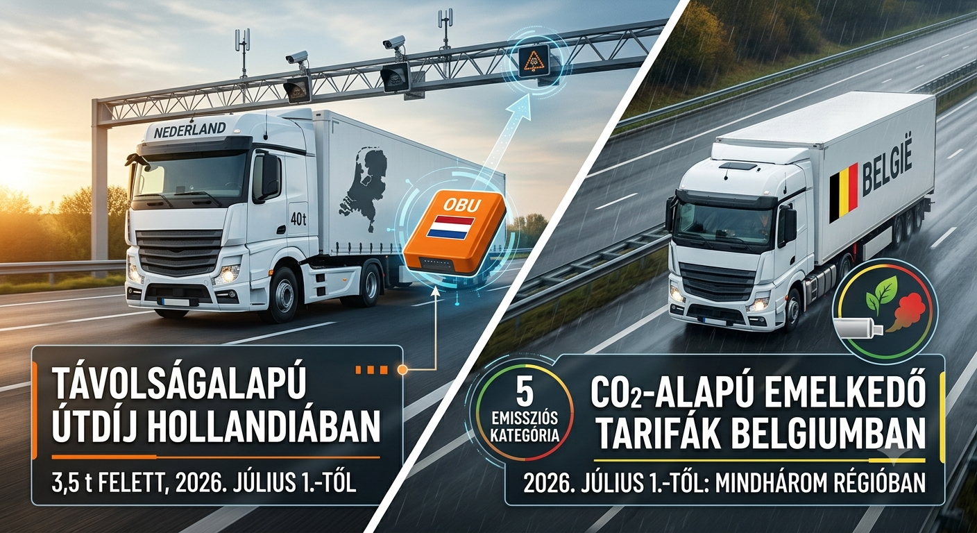 Két kamion autópályán, országfeliratokkal, OBU és CO2-alapú díj grafikonokkal, közlekedési tájékoztató ábrával.