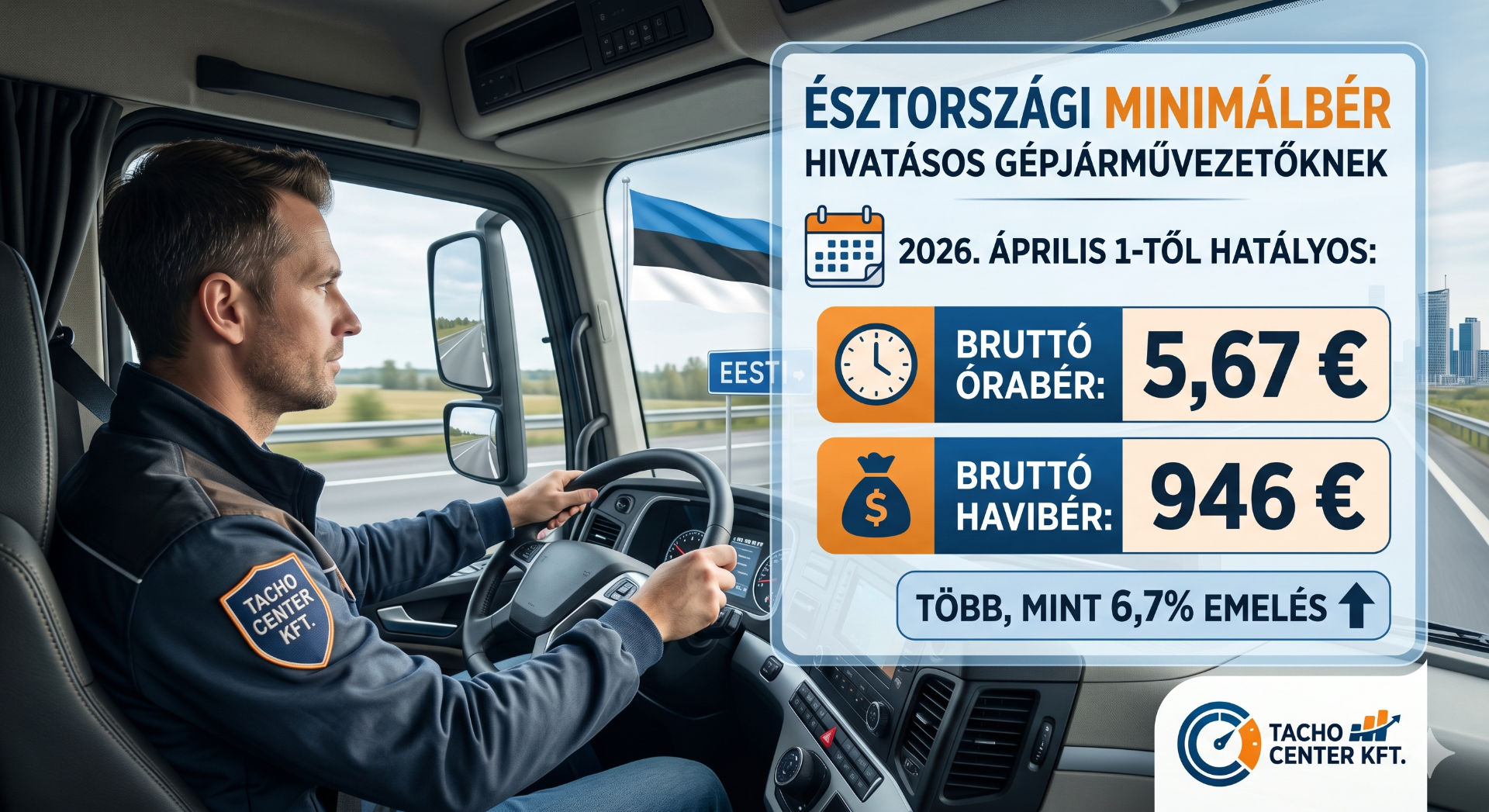 Sofőr fülkében kormányt fog, út mellett, feliratos bérminimum grafika 2026. április 1-től.