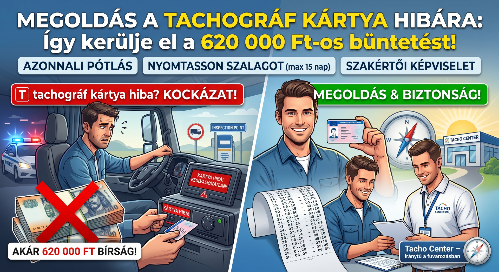 Tachográf kártya hibát jelző illusztráció, sofőrrel, szakemberekkel, kártyákkal és figyelmeztető feliratokkal.