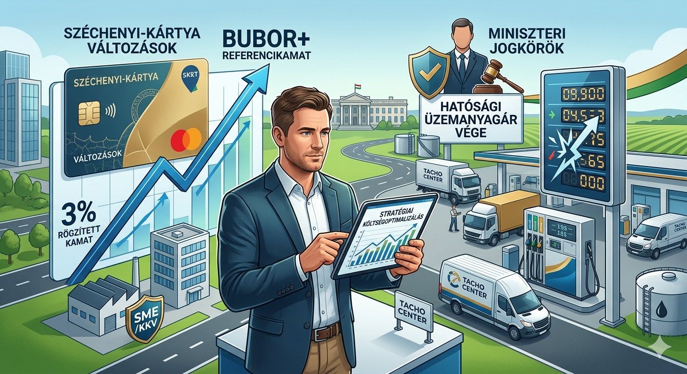 Férfi üzleti prezentációt tart, kártyák és grafikonok, üzemanyagár-vég jelzők, teherautók és töltőállomás háttérrel.