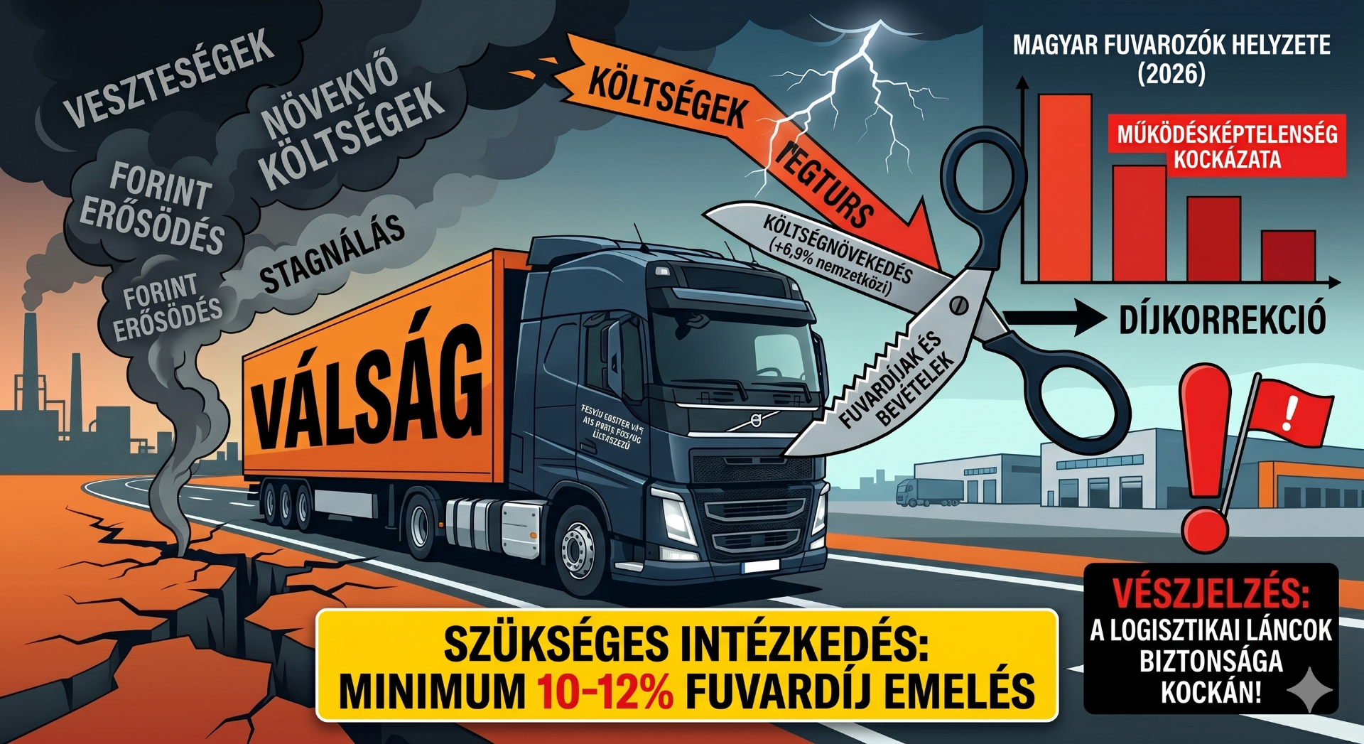 Kamionos illusztráció, narancssárga „VÁLSÁG” felirattal, grafikonokkal és „KÖLTSÉGEK” nyíllal, fuvarozói helyzetet jelző infografika.