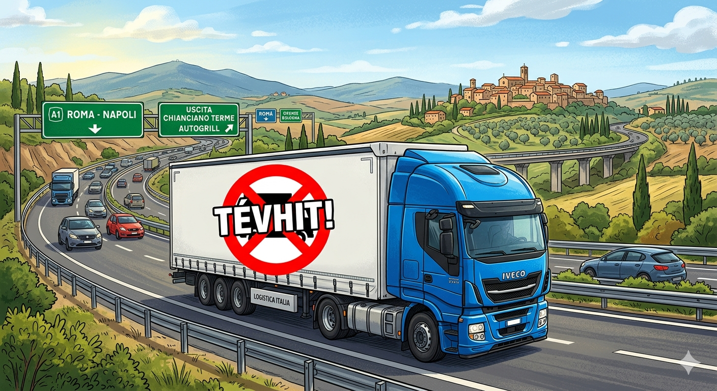 Kék Iveco kamion fehér pótkocsival autópályán, háttérben olasz táj és város, piros tiltás jel.