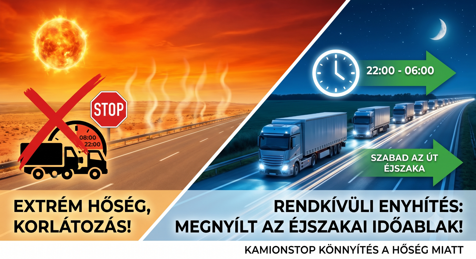 Kétoldalas közúti illusztráció: forró nap és kamionok éjszaka, stop tábla, óra és zöld nyíl.