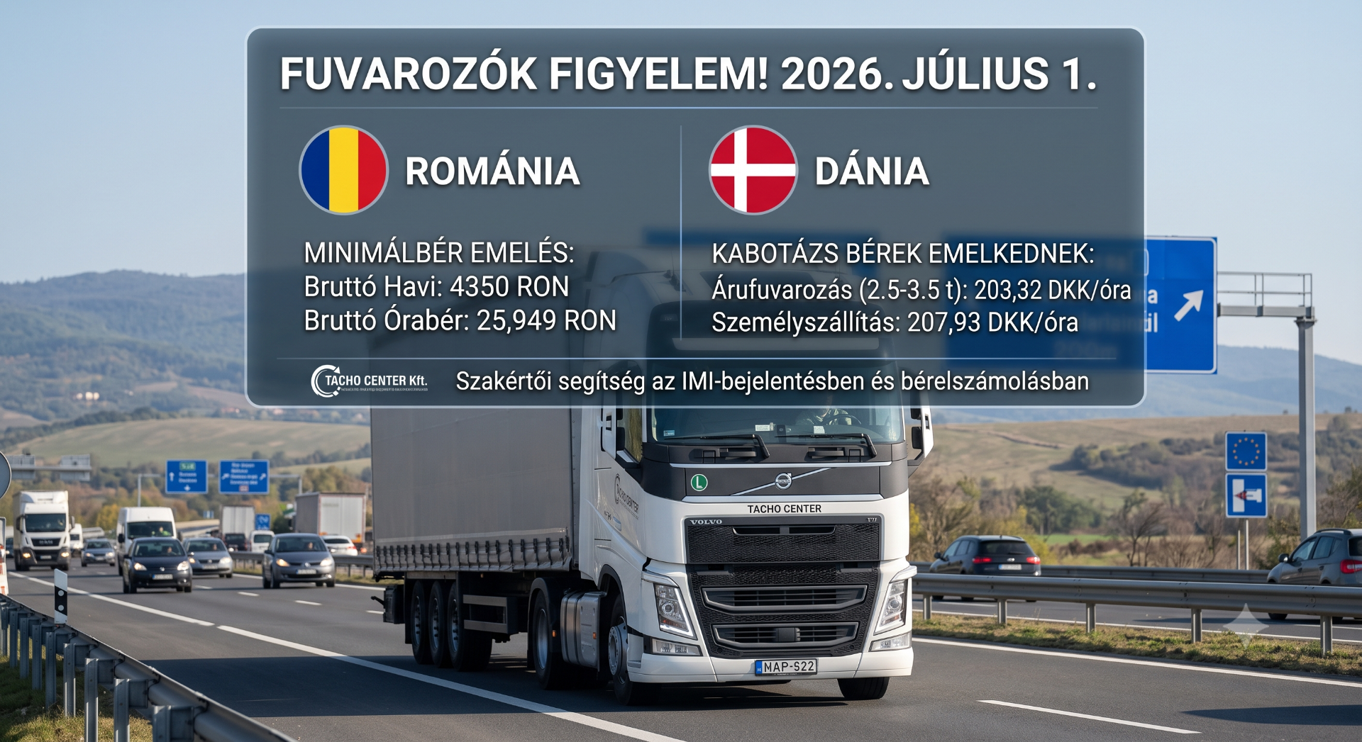 Autópályán haladó kamion, feliratos tájékoztató Románia és Dánia fuvardíj-emeléséről 2026. július 1-jén.