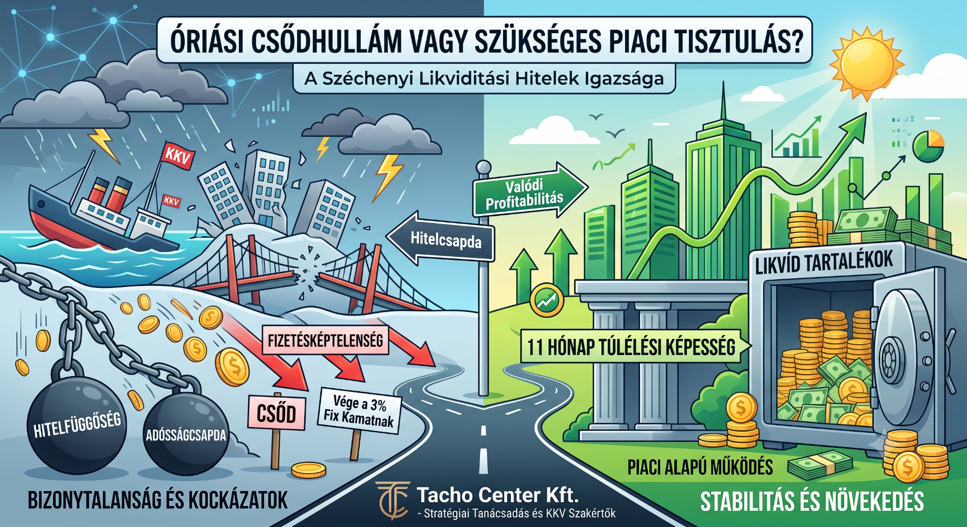 Illusztráció két útelágazással: csőd és likviditás, banki épületek, pénzérmék, grafikonok, feliratokkal.