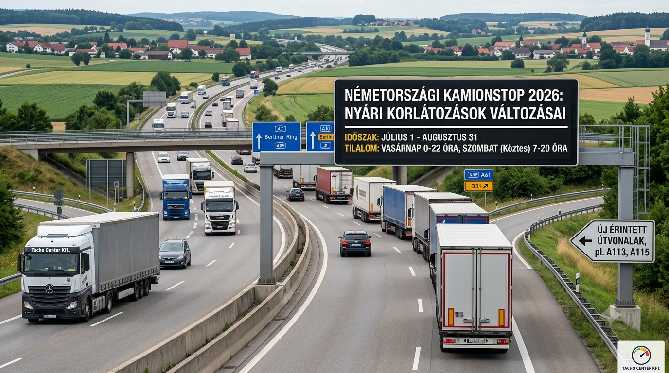 Autópályán kamionok és autók haladnak, közúti táblán német nyári kamionstop 2026 korlátozások.
