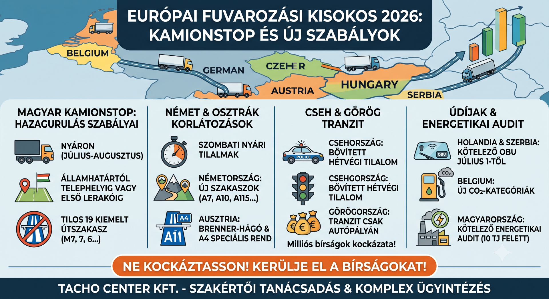 Európai fuvarozási kisokos 2026 térkép kamionokkal, országokkal és közúti szabályok összefoglaló ábrákkal.
