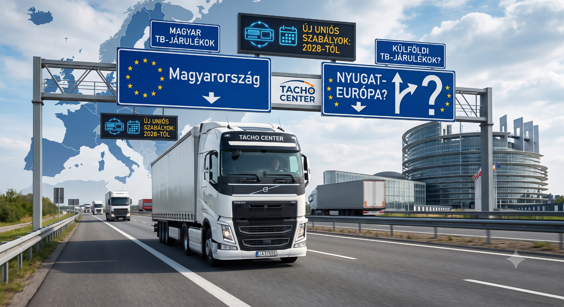 Autópályán haladó fehér kamion, háttérben EU-térképes táblák és „Magyarország” feliratú digitális kijelzők.