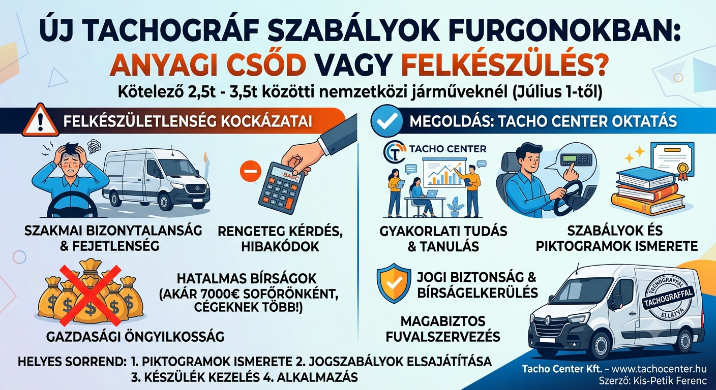 Infografika tachográf szabályokról, felkészületlenség kockázatairól és tachocenter oktatásról, teherautóval.
