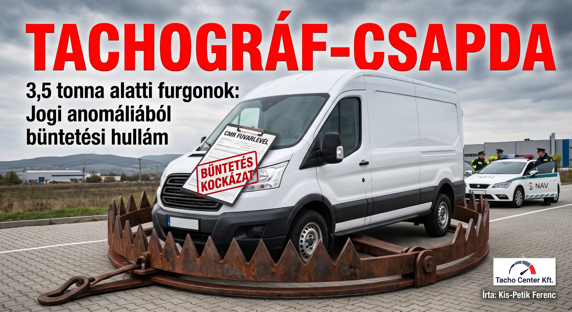 Fehér furgon áll rozsdás fékcsapdán, rendőrautókkal, nagy piros feliratokkal és büntetésre utaló szöveggel.