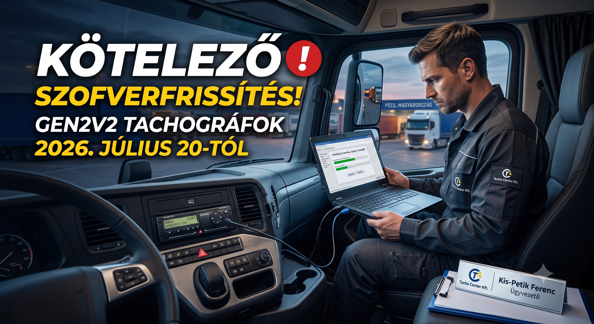 Szakember laptopot használ teherautó fülkéjében, közúti forgalom háttérrel, „KÖTELEZŐ!” felirat és dátum.