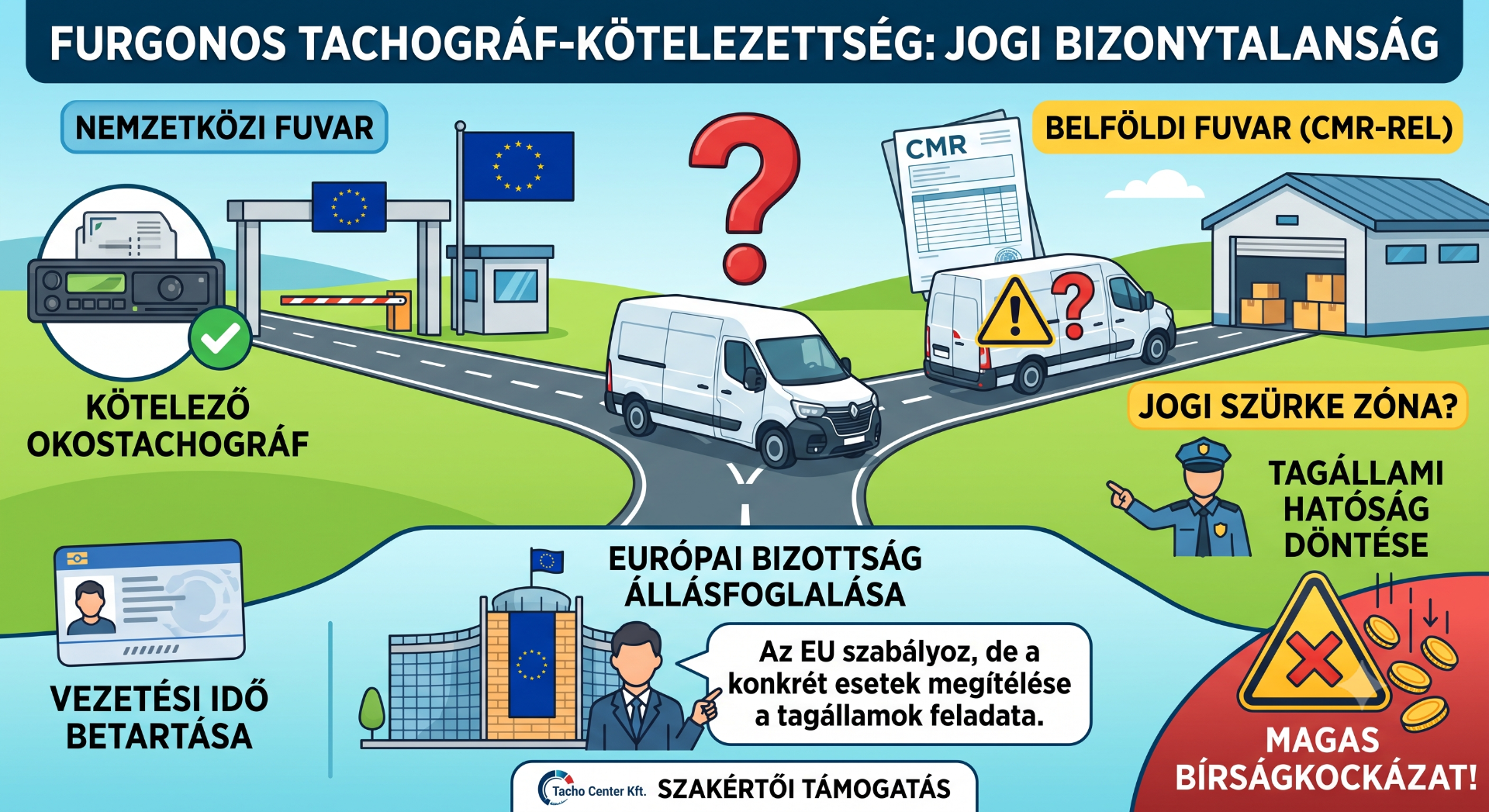 Színes infografika furgonok tachográf-kötelezettségéről, CMR-rel fuvarról, kérdőjellel és figyelmeztető jelzésekkel.
