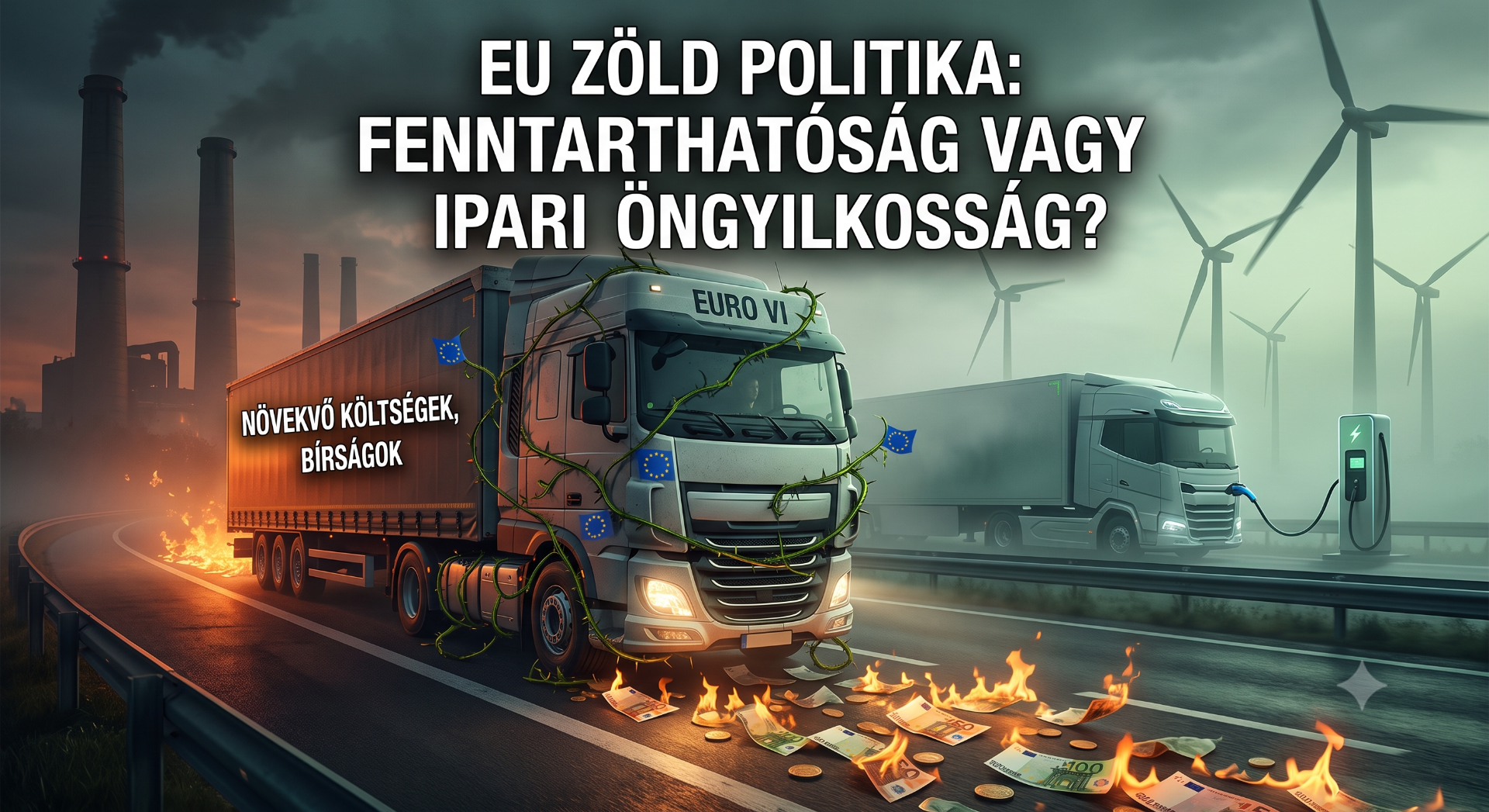 Teherautó és kamion égő pénzzel, füstös gyárháttérrel, szélkerekekkel, felirat: EU zöld politika.