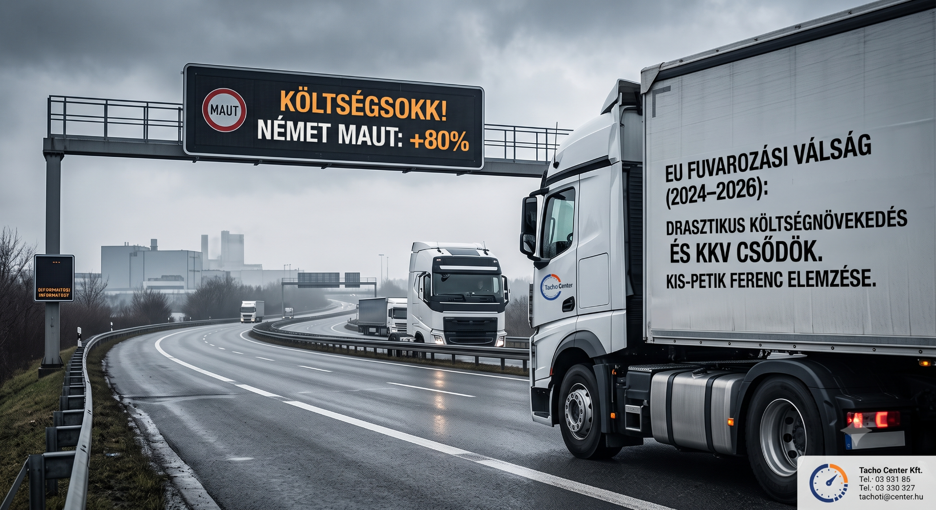 Fehér kamion halad autópályán, feliratos reklámtábla költségcsökkentést és német MAUT kedvezményt hirdet.