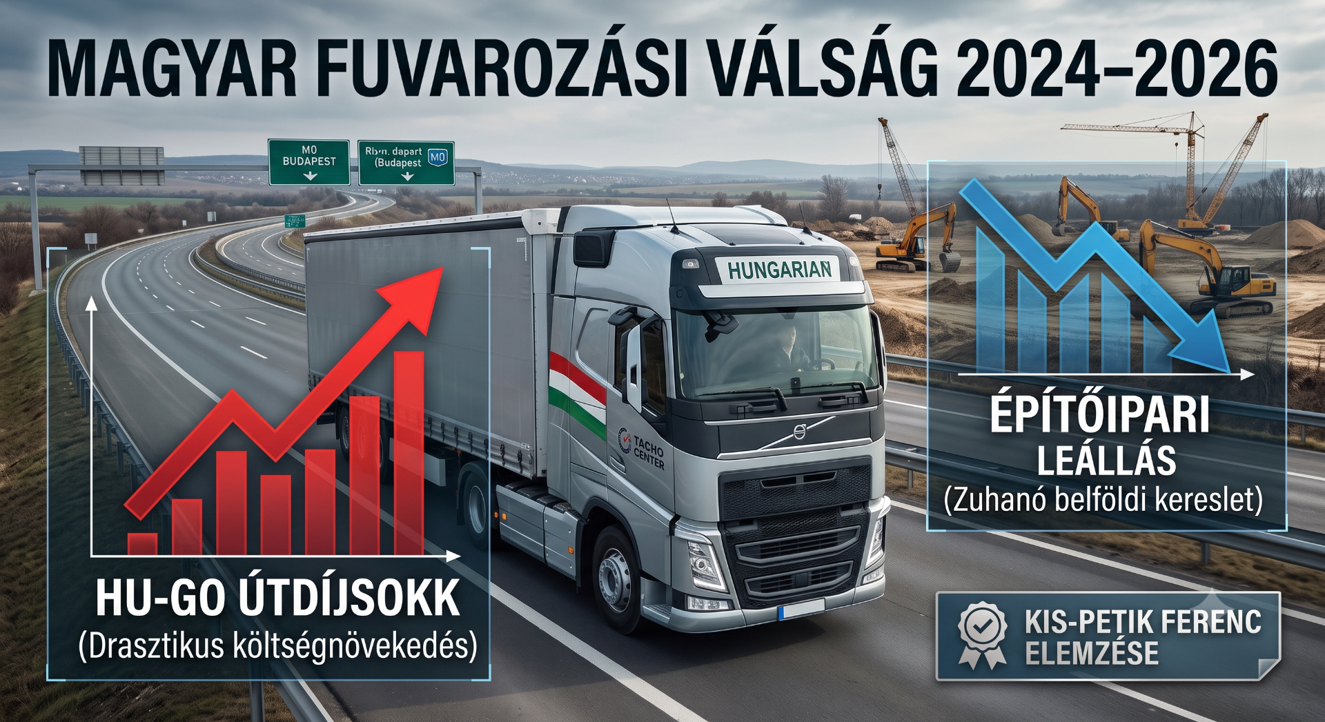 Kamion autópályán, grafikonokkal és feliratokkal: Magyar fuvarozási világ 2024–2026, építőipari leállás, HU-GO útdíjsok.